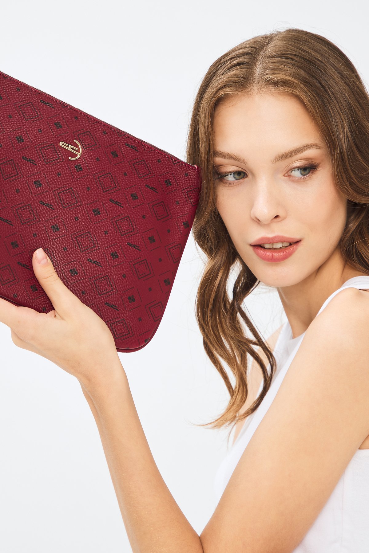 Kadın Basic Clutch Çanta Monogram Desenli Bordo