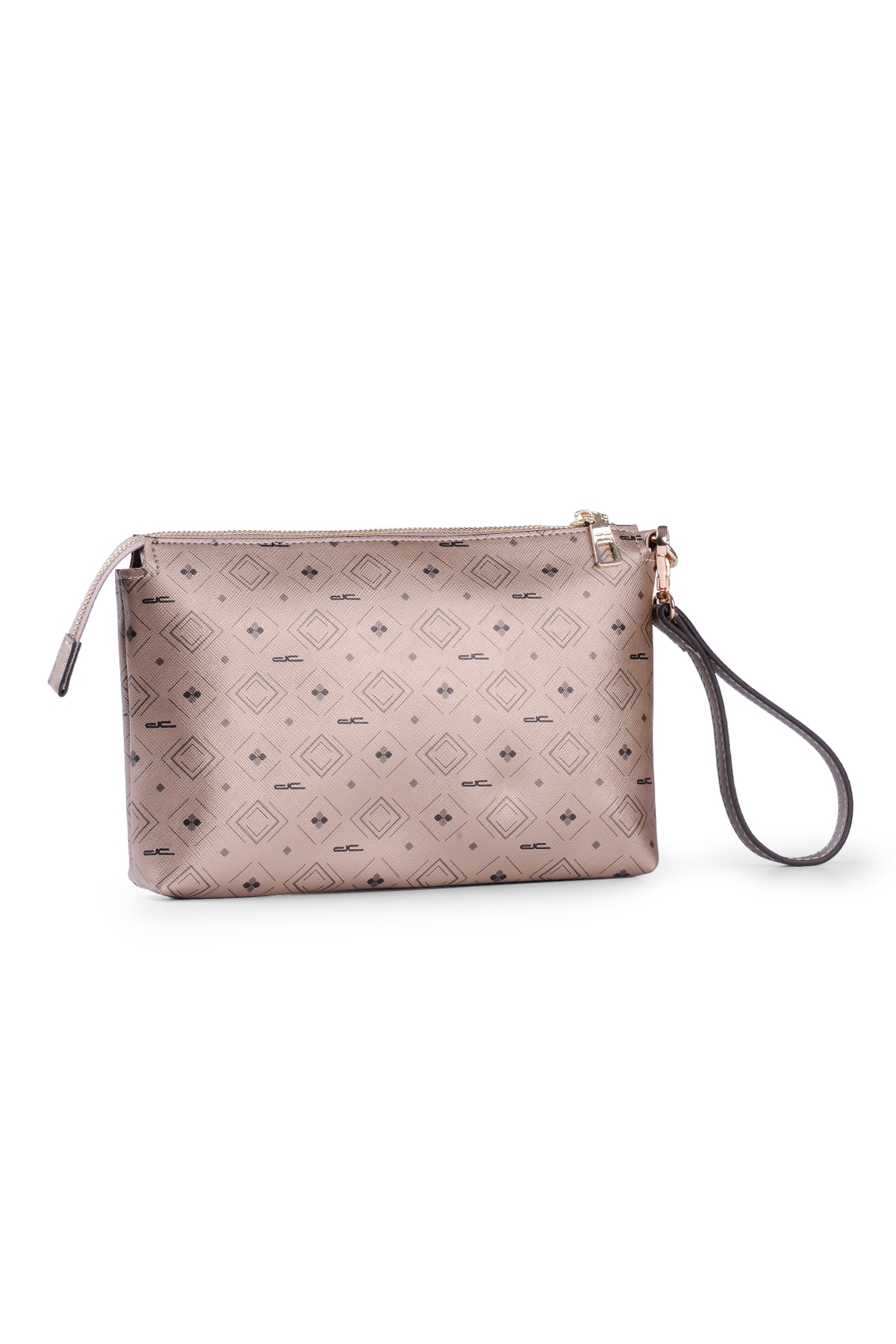 Kadın Basic Clutch Çanta Monogram Desenli Şeritli Altın Siyah