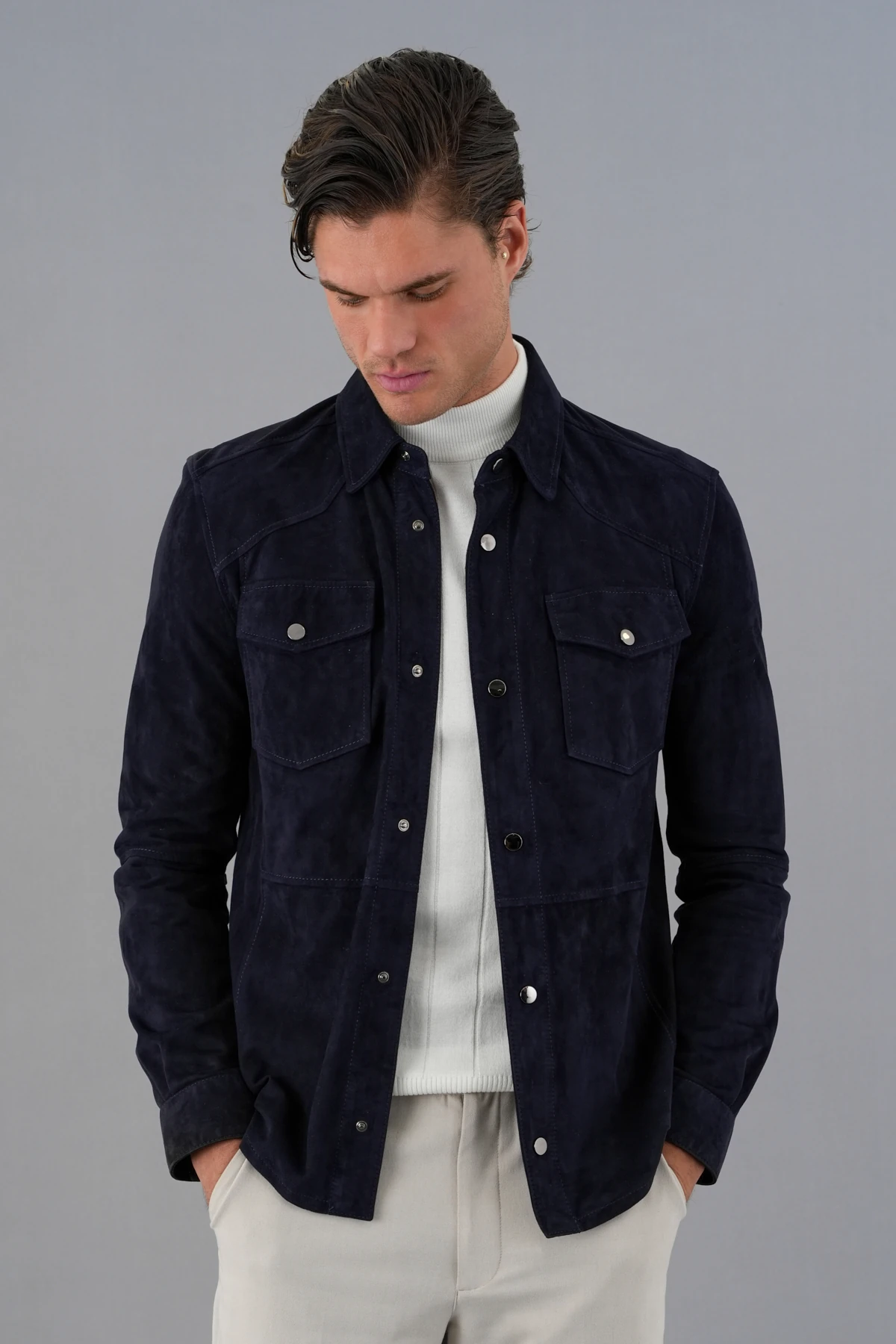 Elvis Lacivert Erkek Süet  Deri Gömlek