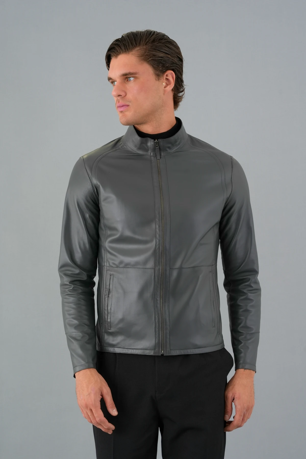 Denzel Gri Erkek Deri Mont