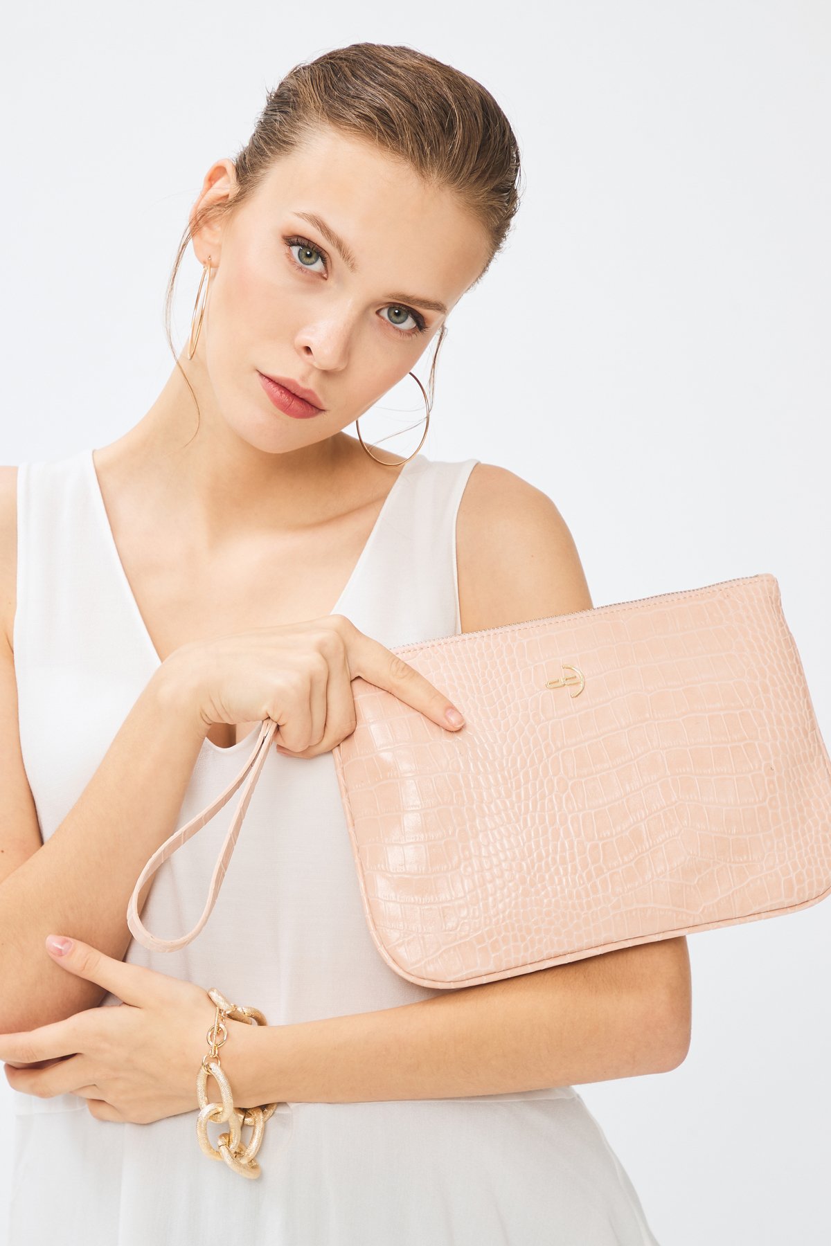 Kadın Basic Clutch Çanta Kroko Timsah Desen Pudra