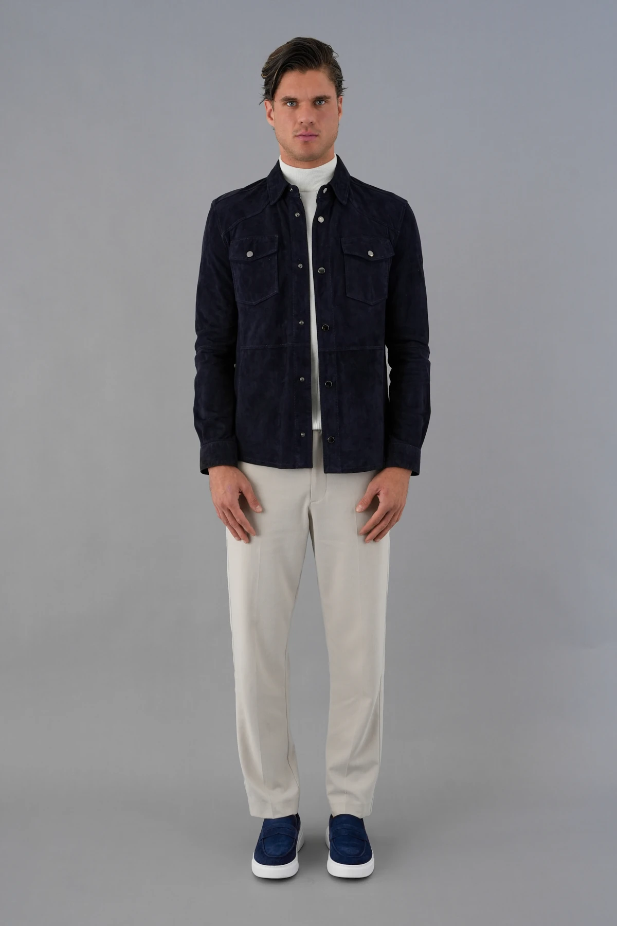 Elvis Lacivert Erkek Süet  Deri Gömlek