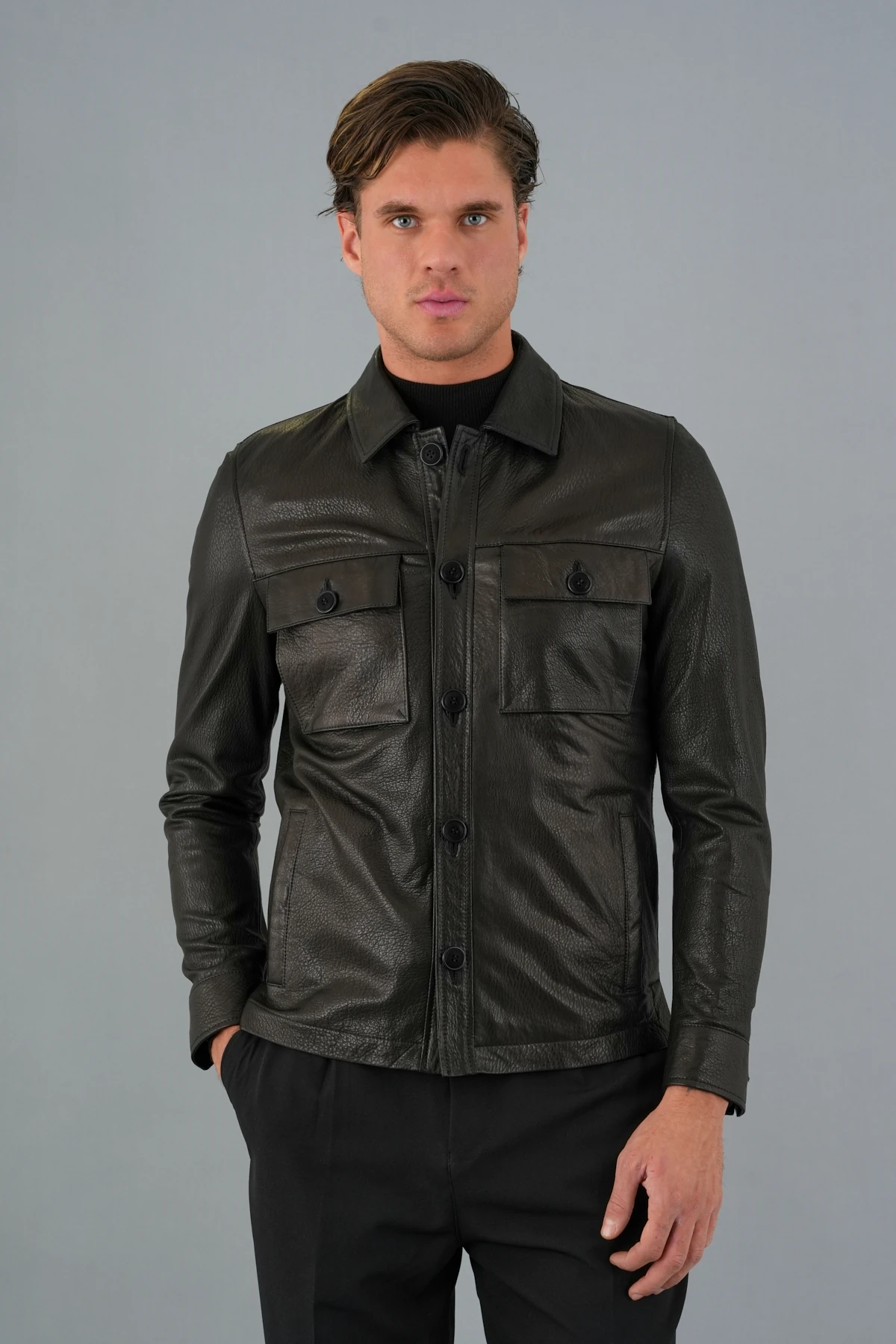 Carlos Siyah Erkek Deri Gömlek