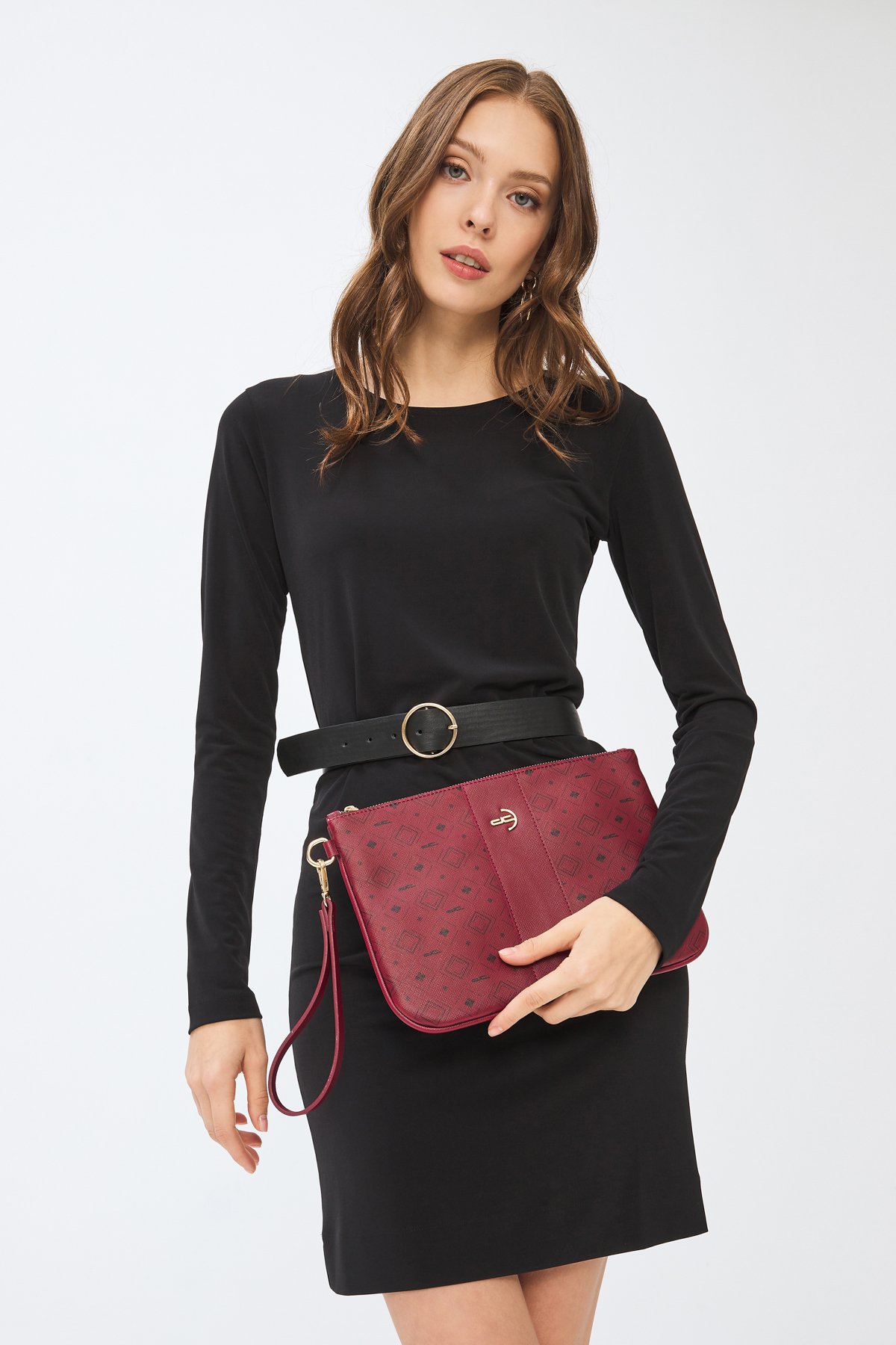 Kadın Basic Clutch Çanta Monogram Desenli Şeritli Logolu Bordo