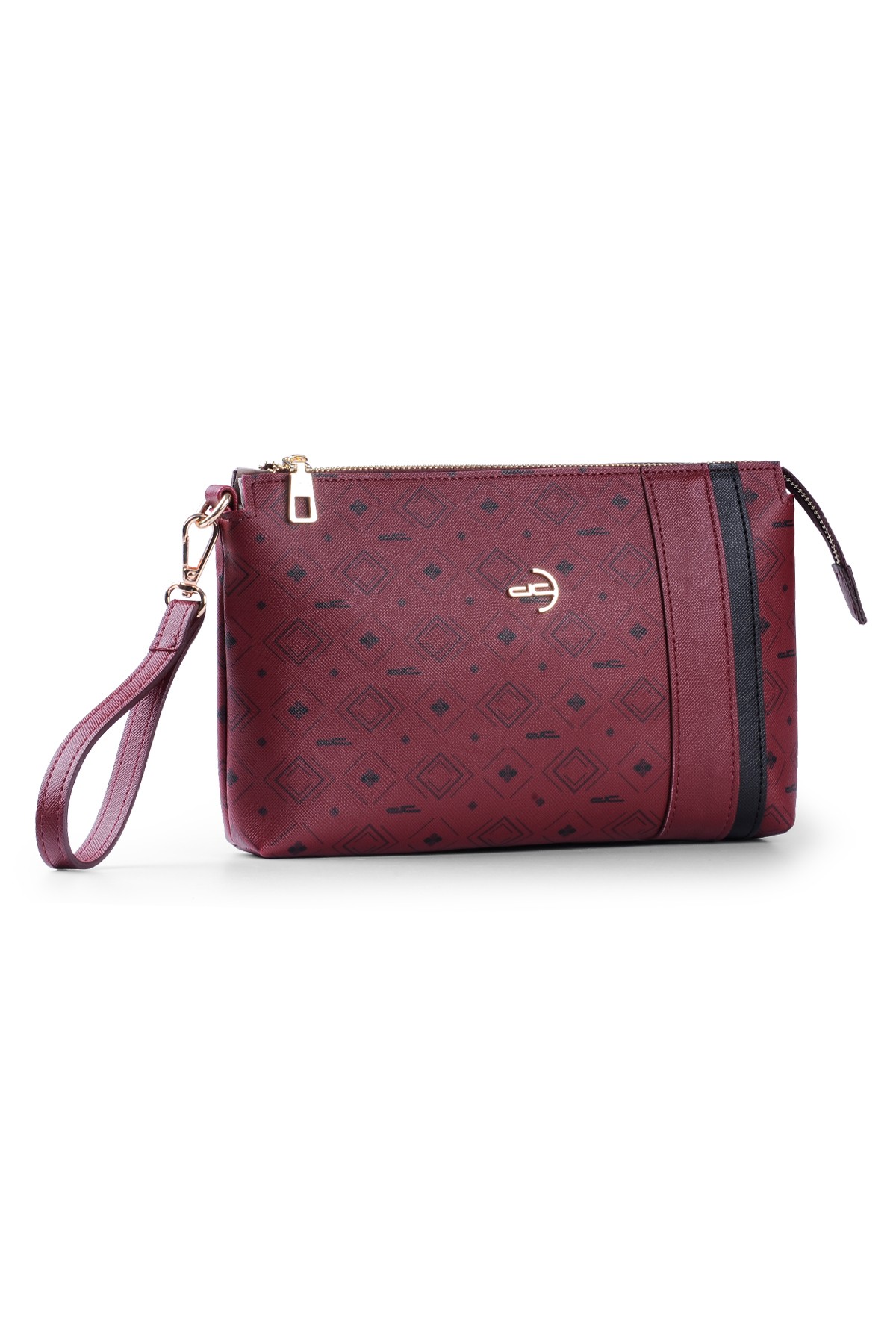 Kadın Basic Clutch Çanta Monogram Desenli Şeritli Bordo Siyah