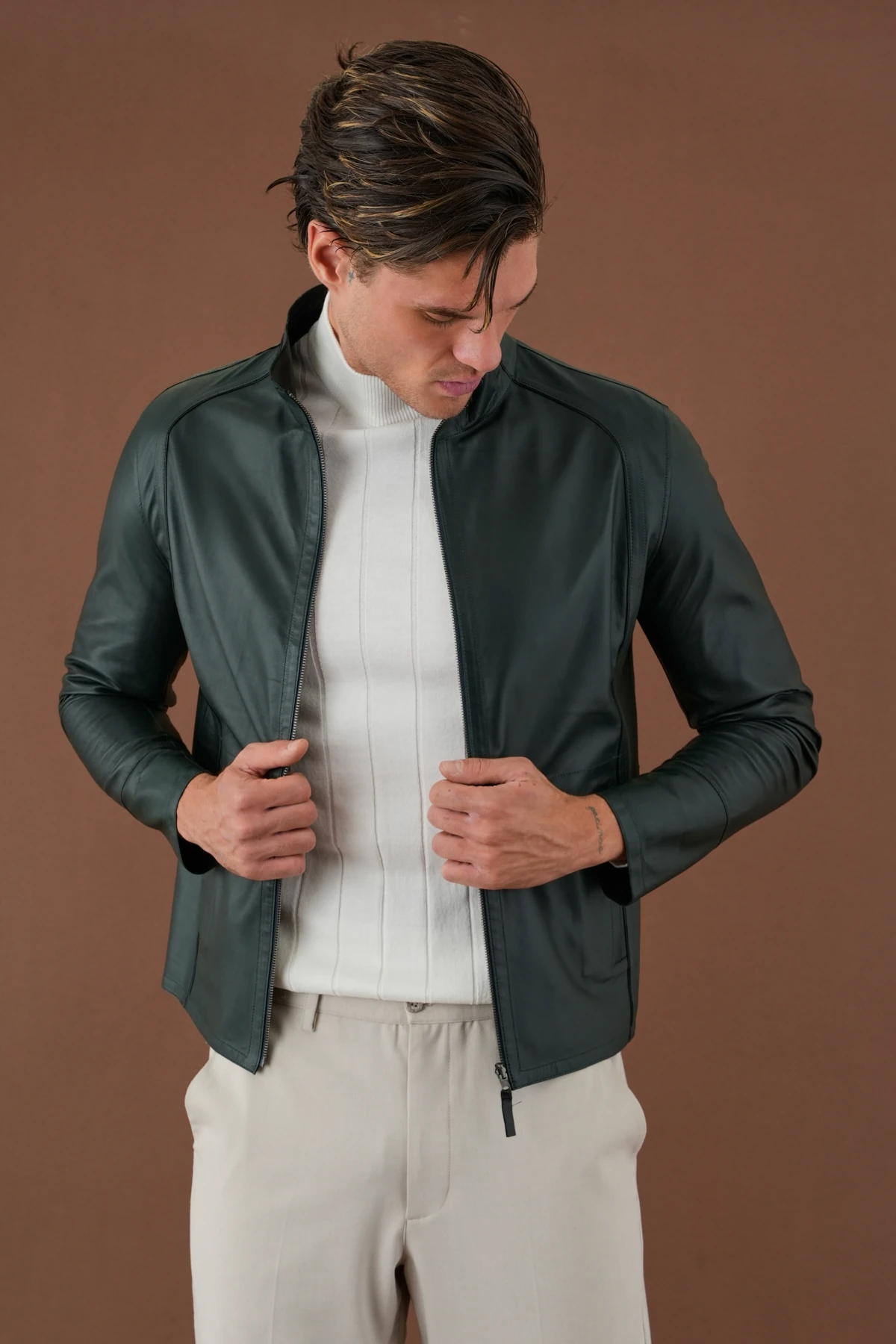 Denzel Yeşil Erkek Deri Mont