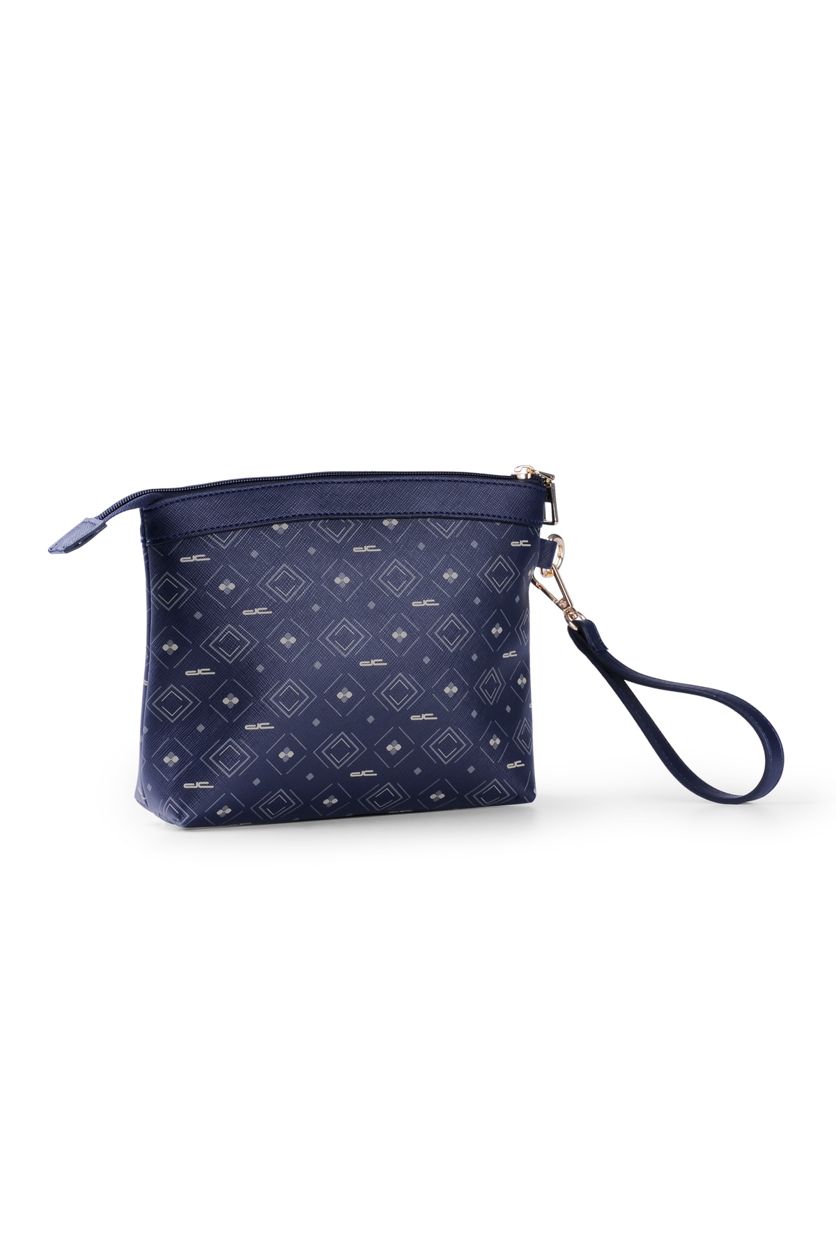 Kadın Basic Clutch Çanta Monogram Desenli Logolu Lacivert Beyaz