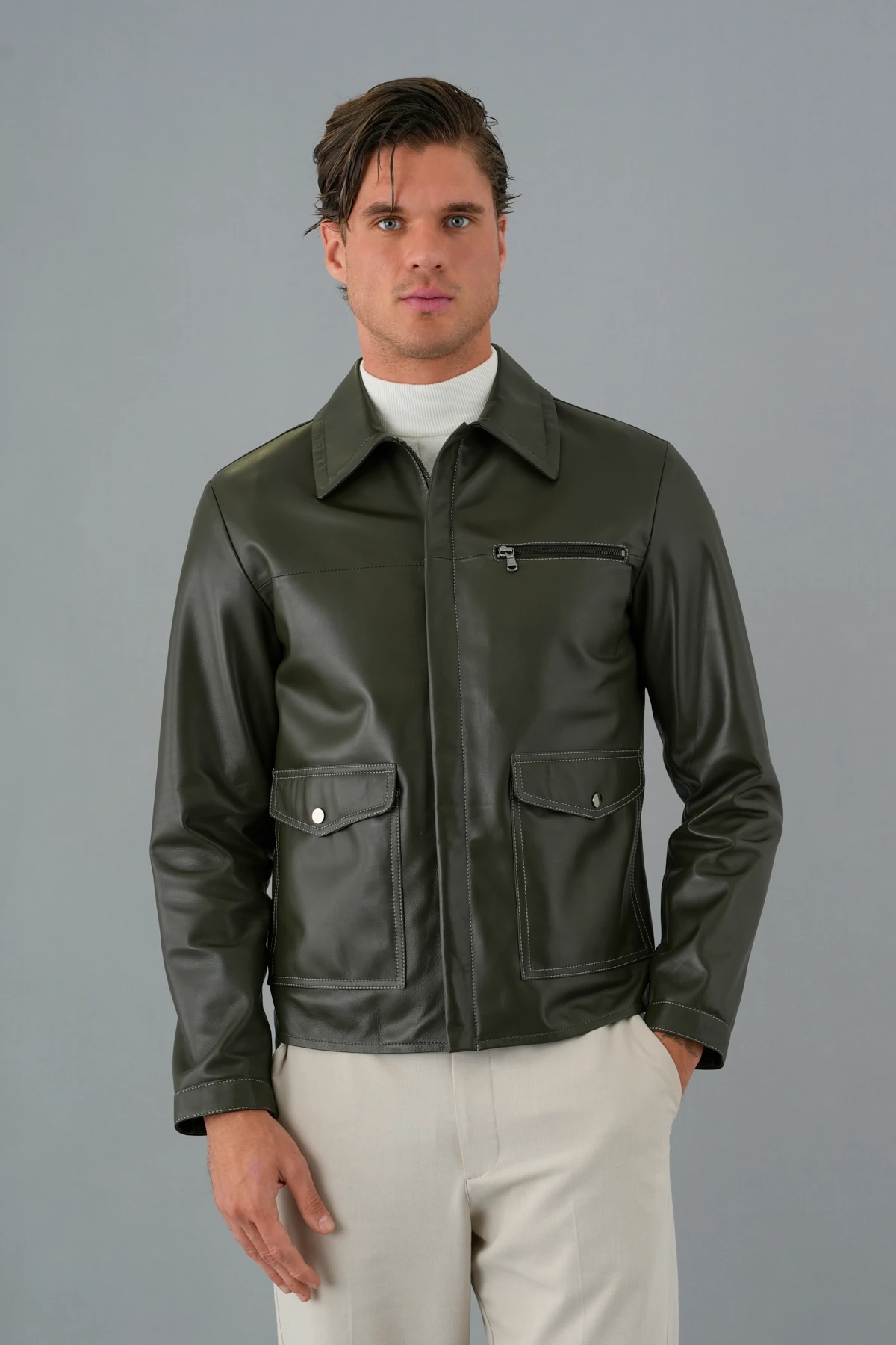 Mauro Haki Yeşil Deri Mont