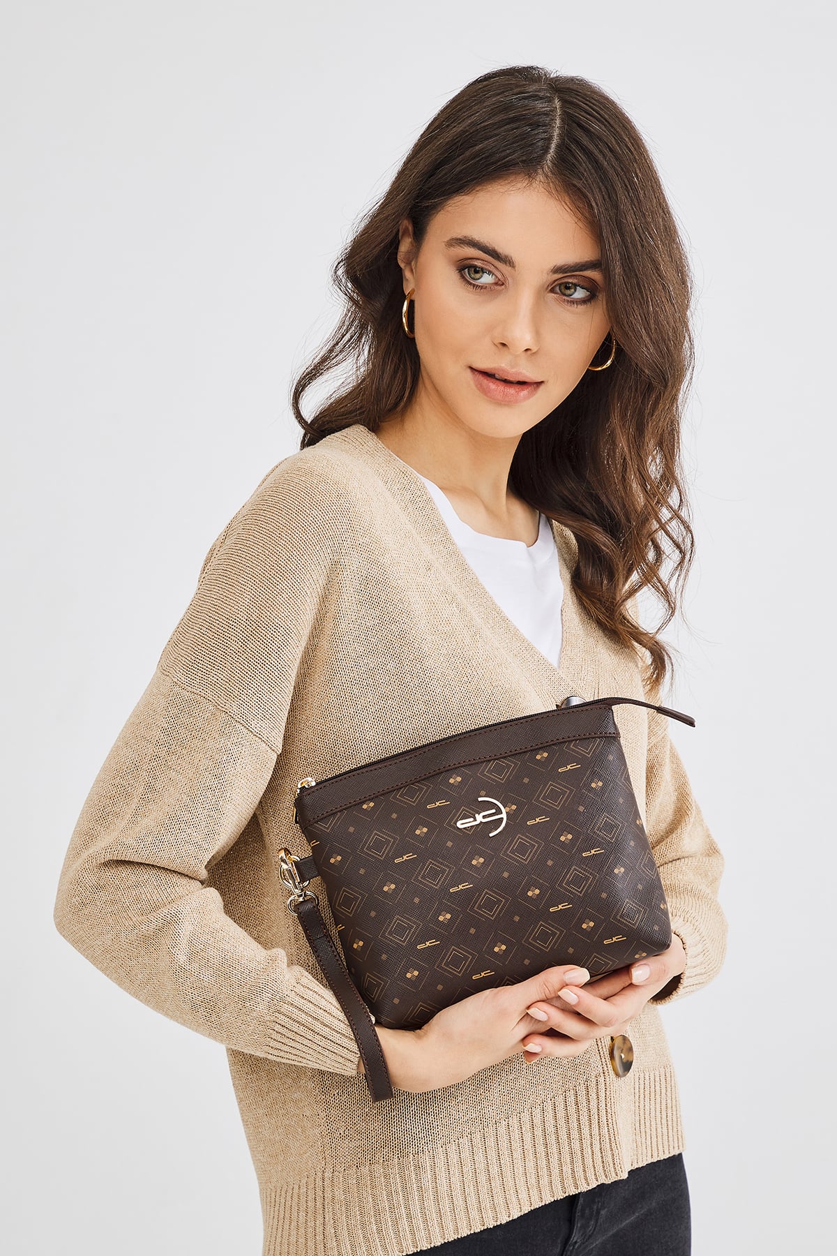 Women's Basic Clutch Bag Monogram Patterned Logo Brown Taba