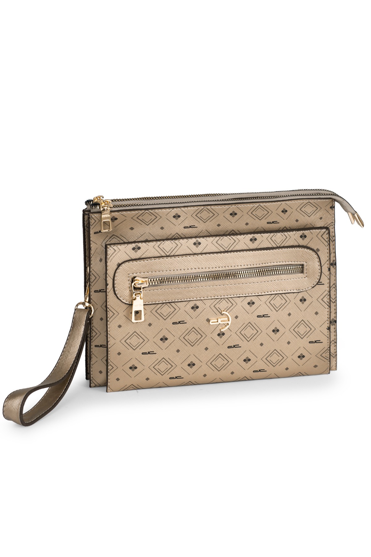 Kadın Basic Clutch Çanta Monogram Desen Altın Siyah