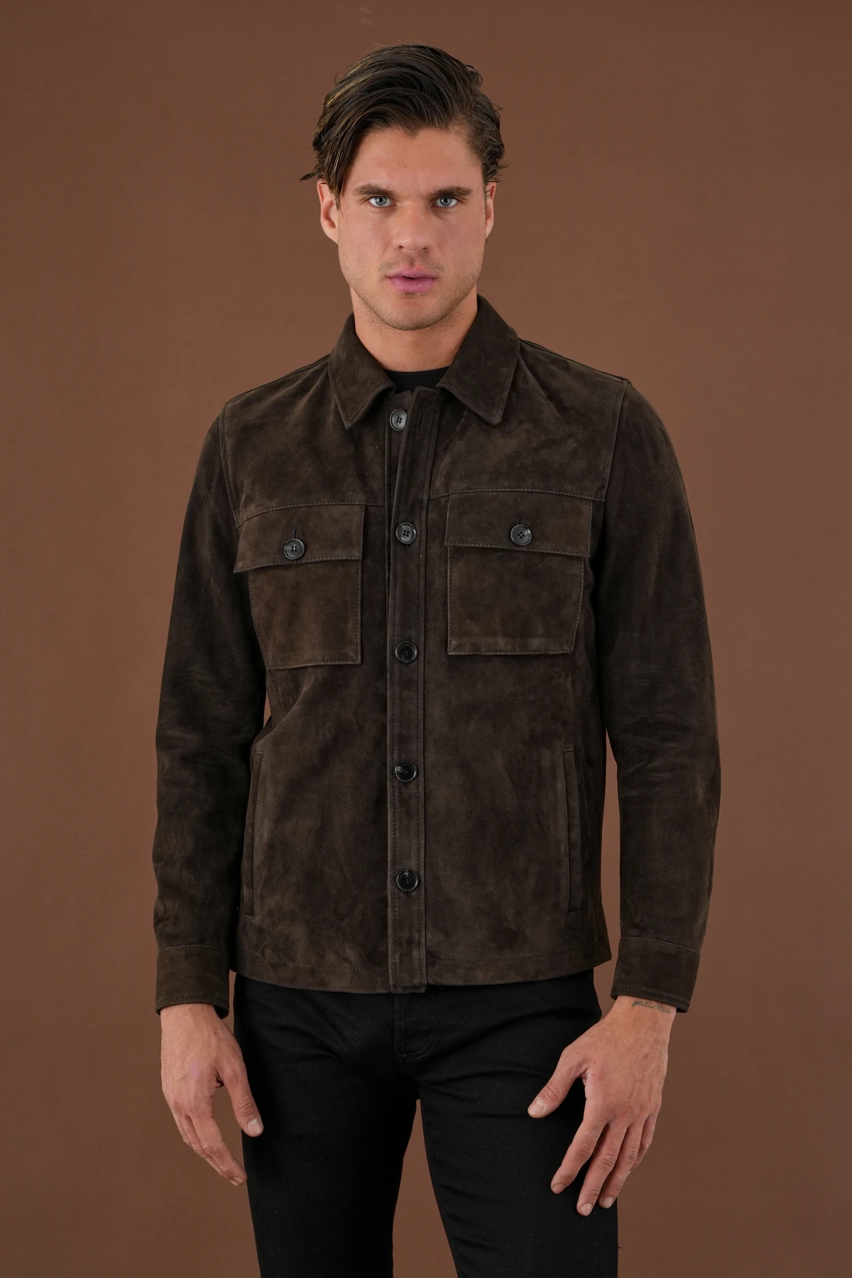 Carlos Kahverengi Erkek Süet Deri Gömlek