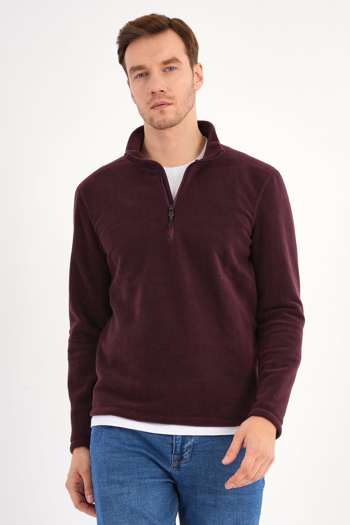 Bordo Polar Sweatshirt Erkek Dik Yaka