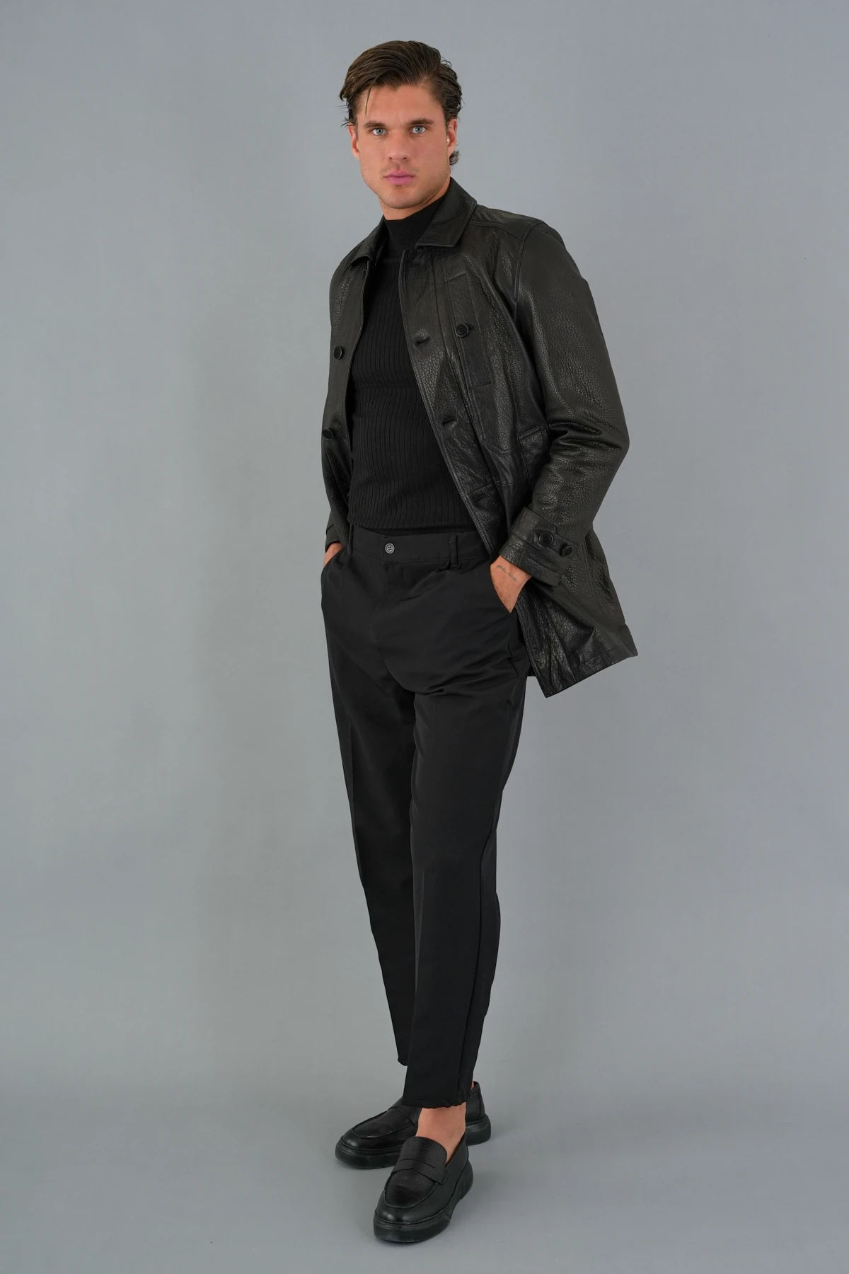 Oscar Siyah Erkek Deri Mont