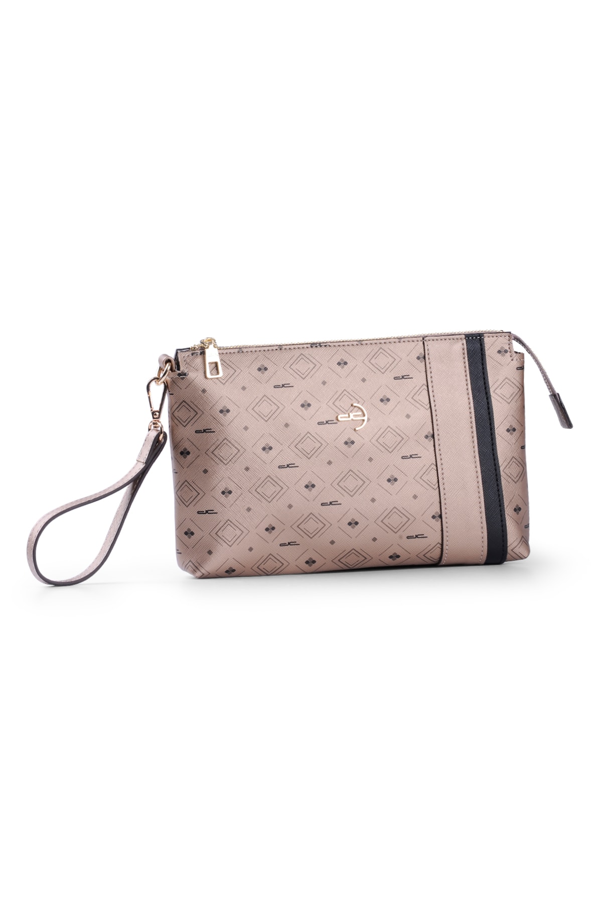 Kadın Basic Clutch Çanta Monogram Desenli Şeritli Altın Siyah