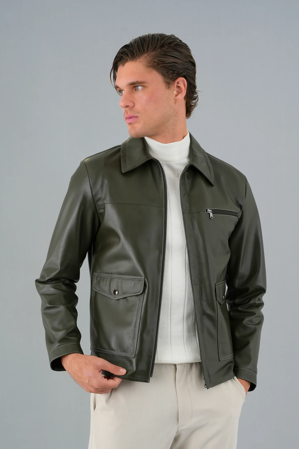 Mauro Haki Yeşil Deri Mont