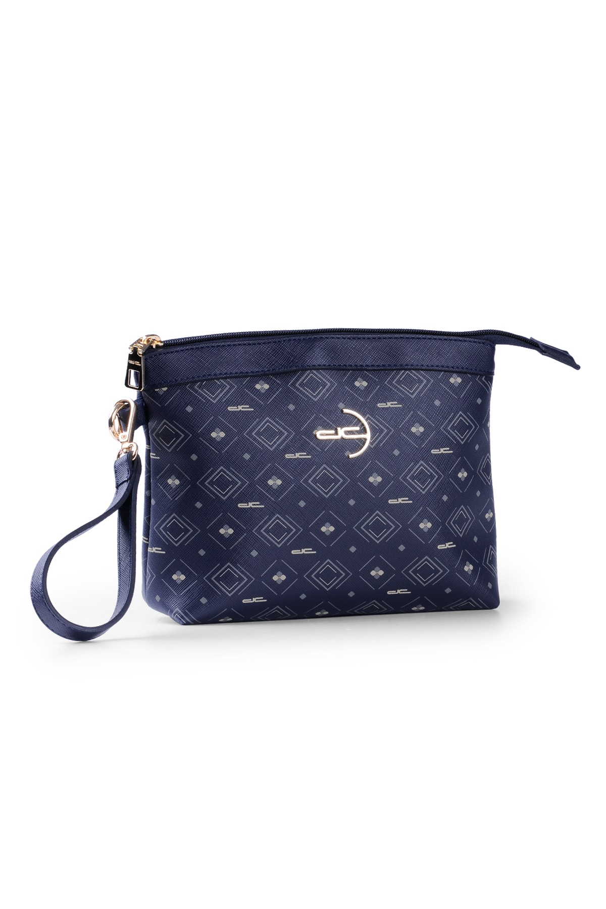 Kadın Basic Clutch Çanta Monogram Desenli Logolu Lacivert Beyaz