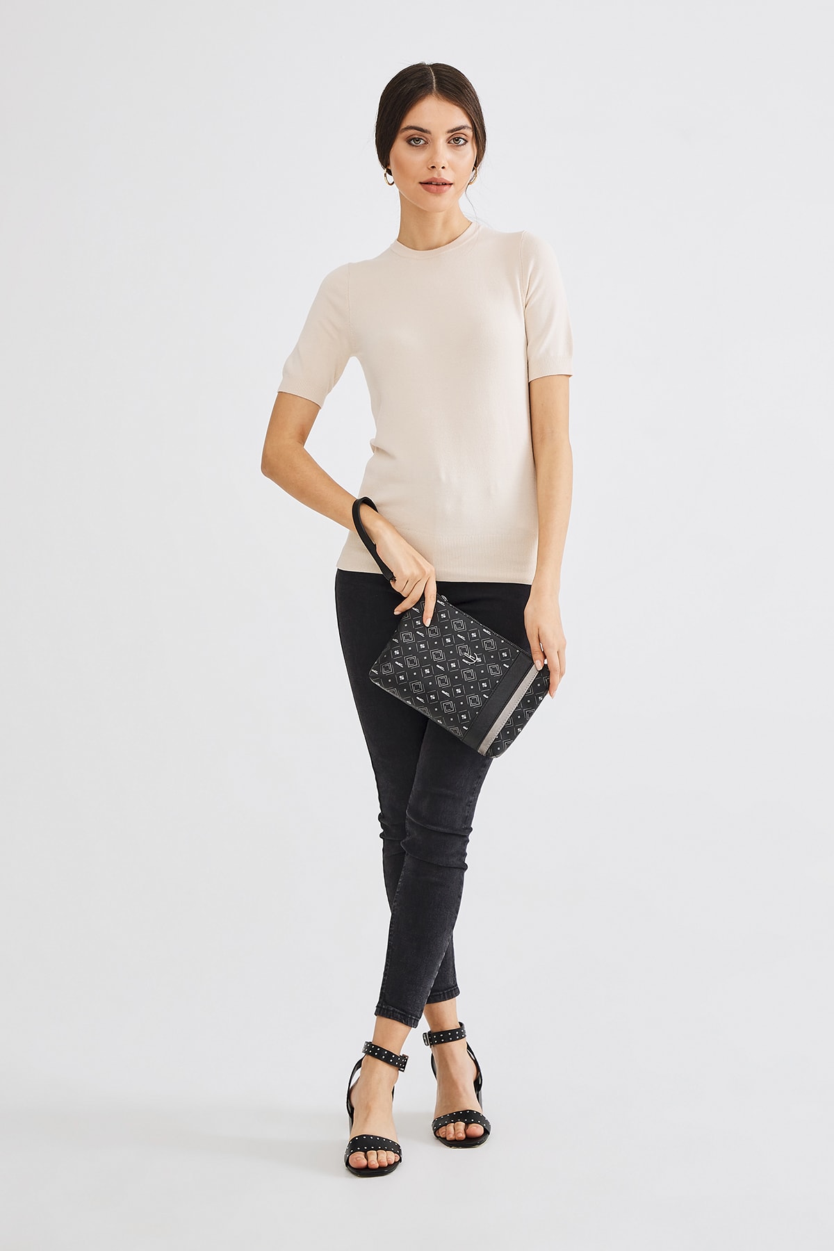 Kadın Basic Clutch Çanta Monogram Desenli Şeritli Siyah Gri