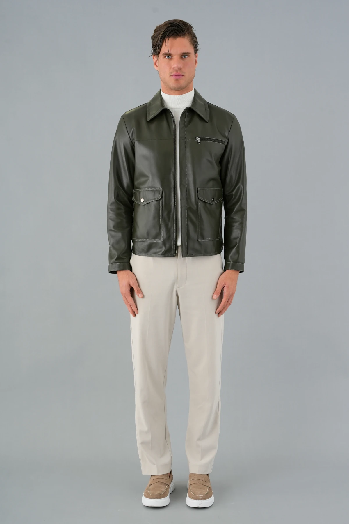 Mauro Haki Yeşil Deri Mont