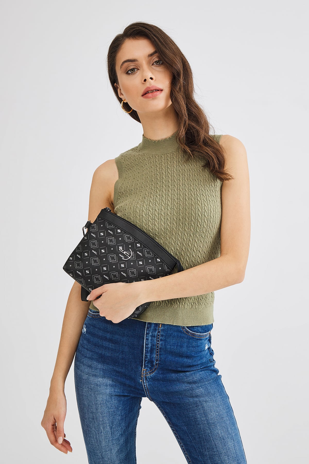 Women's Basic Clutch Bag Monogram Patterned Logo Black Grey