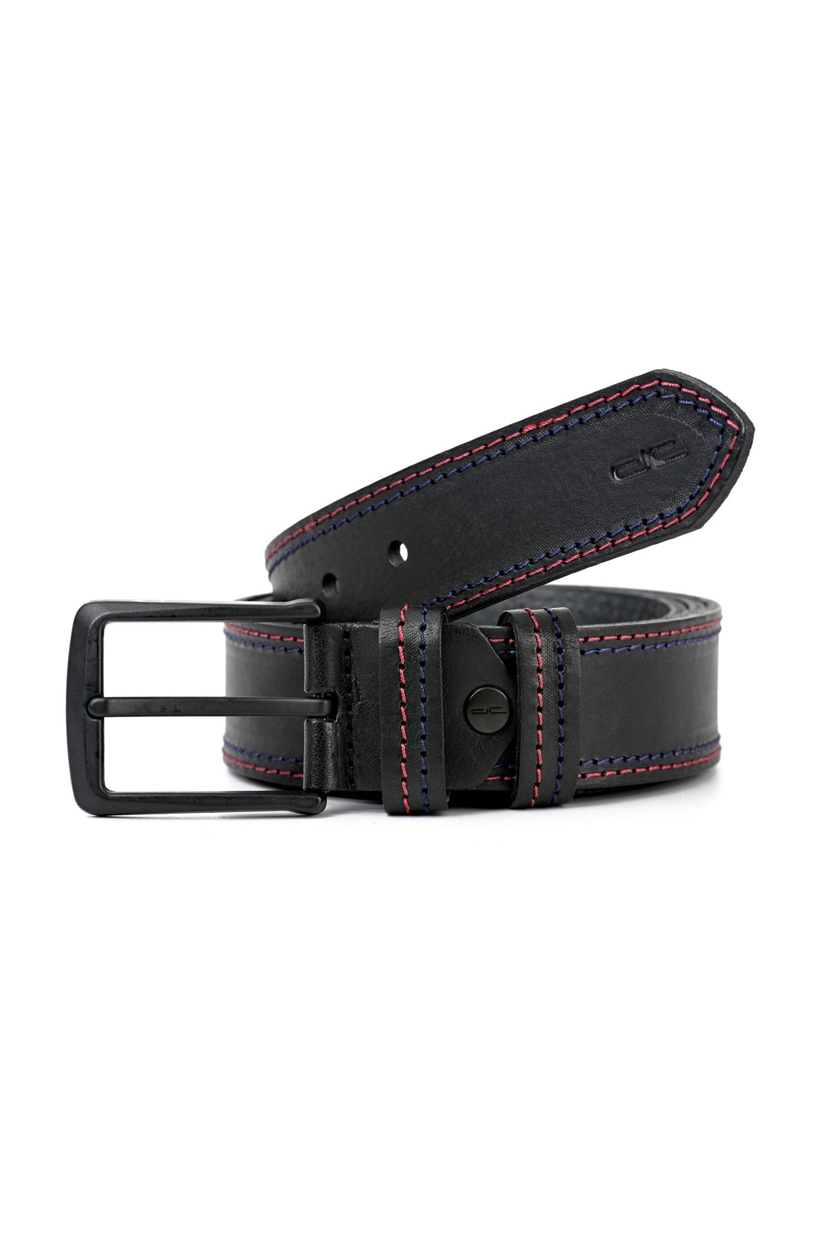 Men's Genuine Leather Casual Belt Navy Blue Red Punto Stitched Black