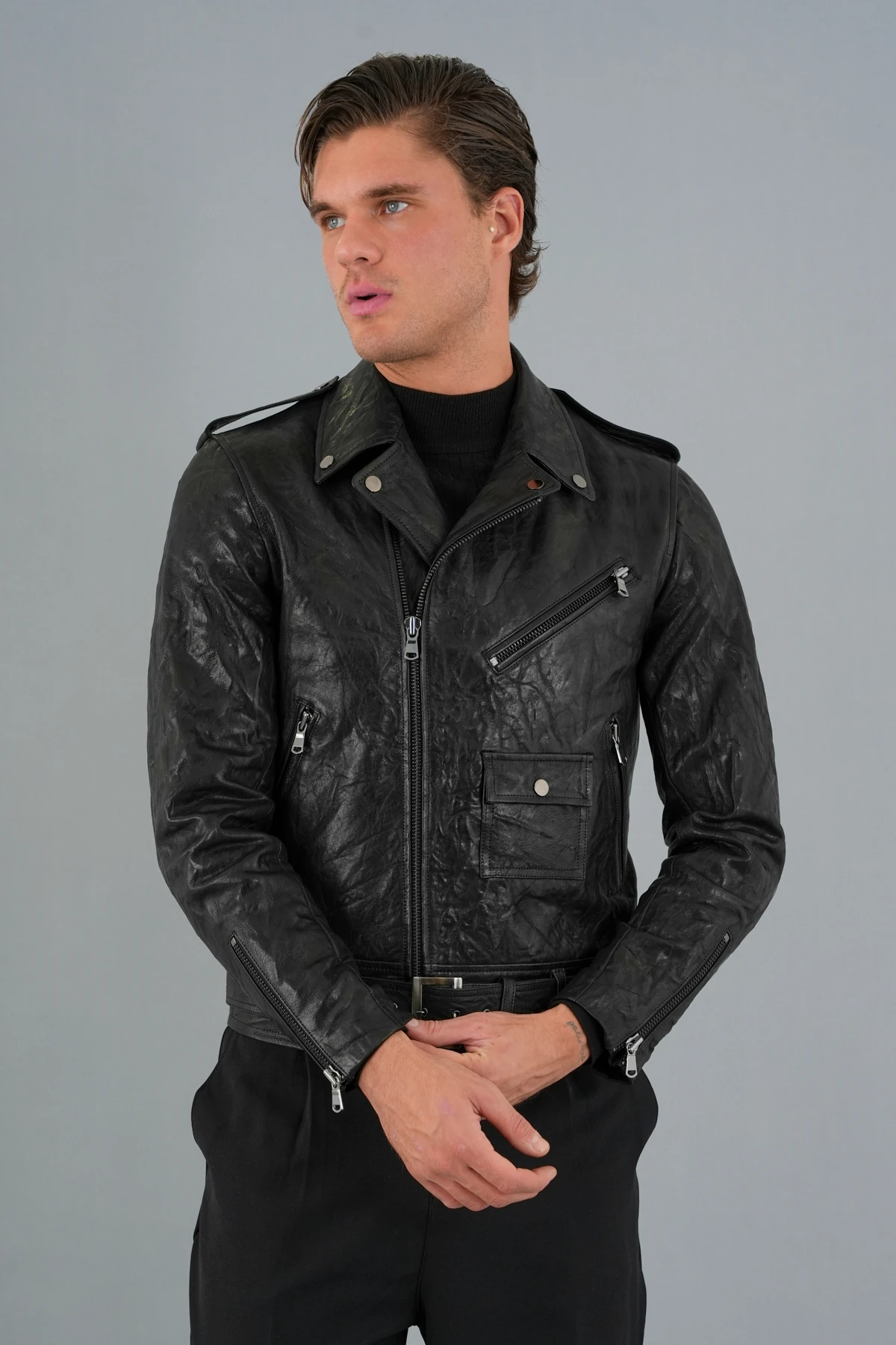 Adrien Siyah Erkek Deri Mont