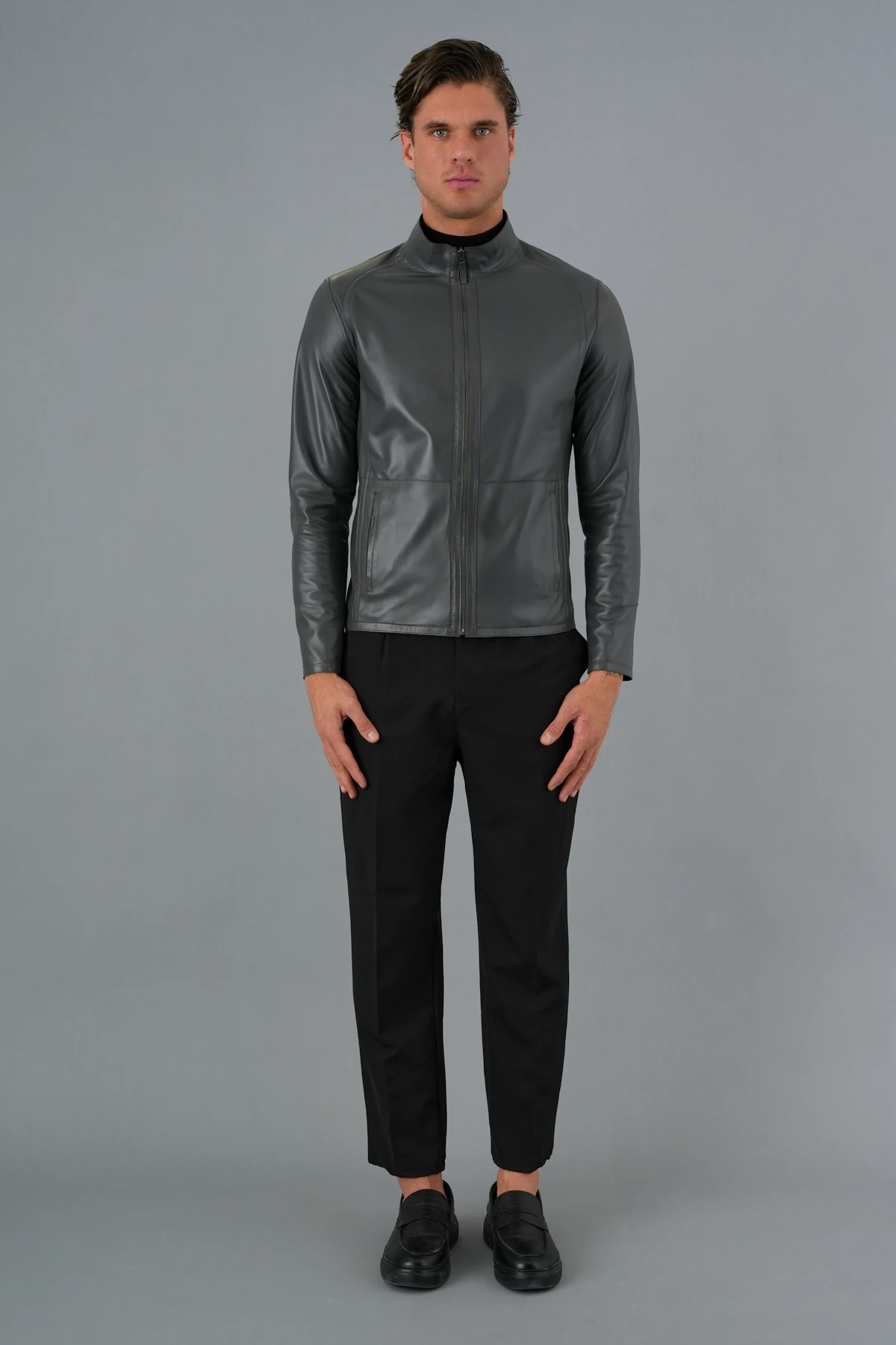 Denzel Gri Erkek Deri Mont