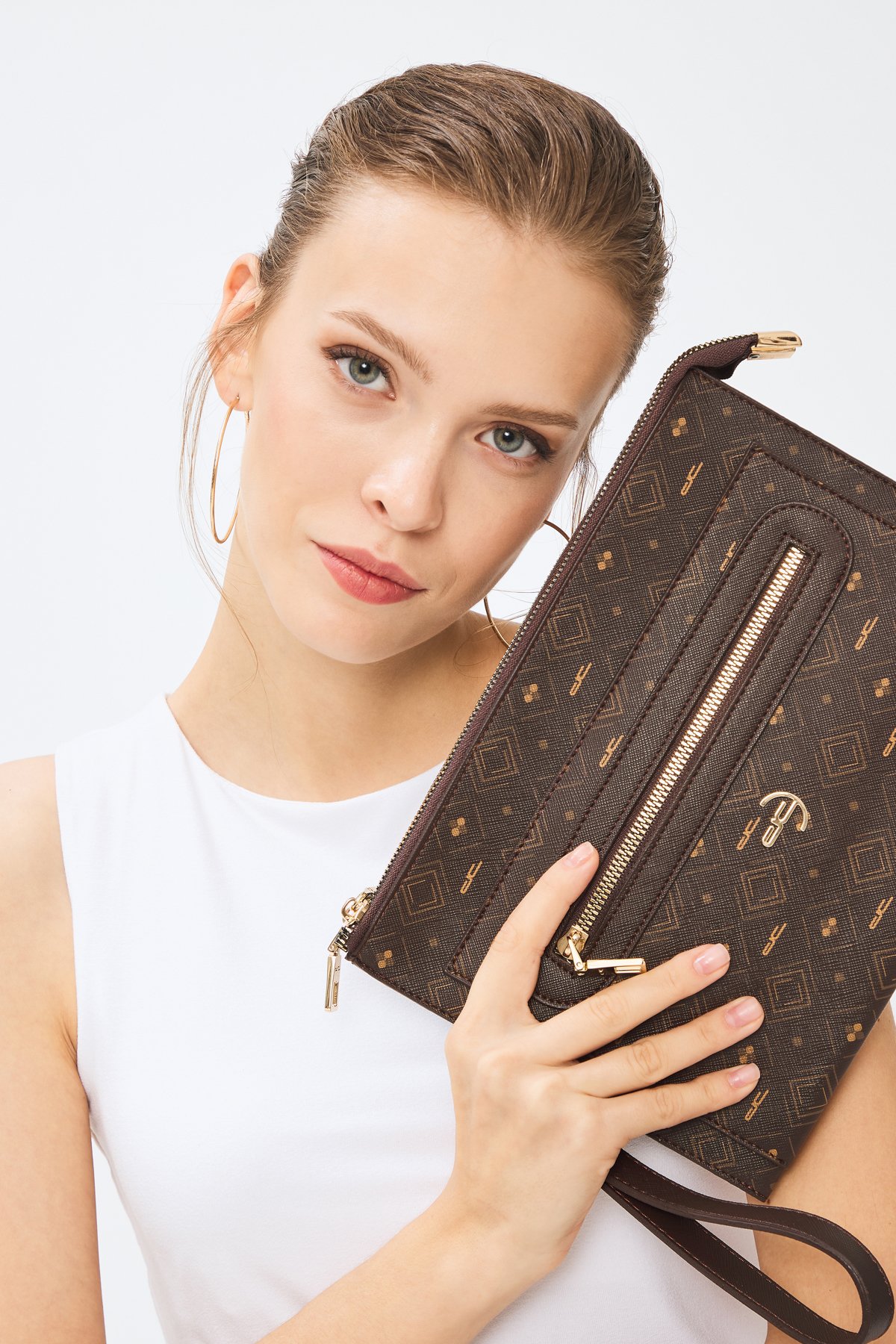Kadın Basic Clutch Çanta Monogram Desen Kahverengi Taba