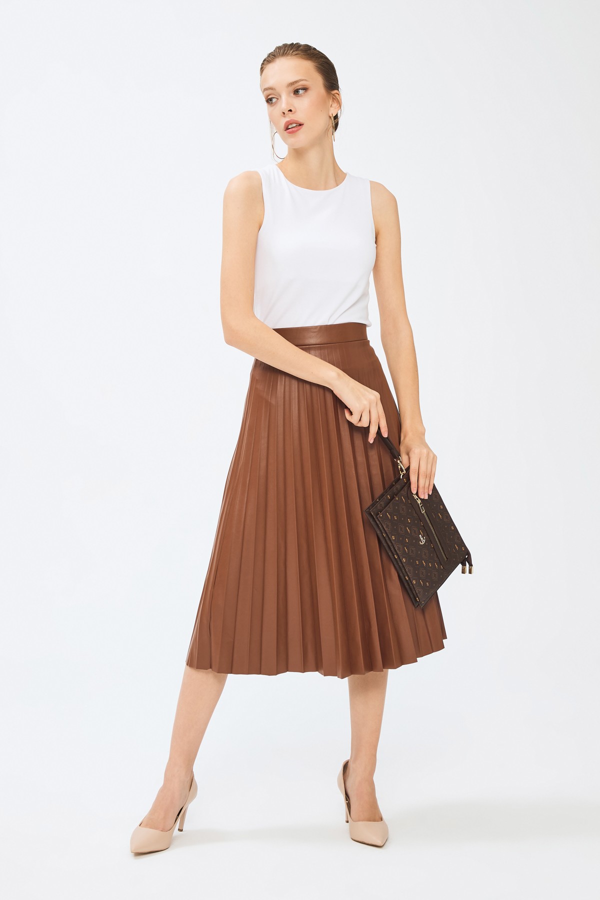 Kadın Basic Clutch Çanta Monogram Desen Kahverengi Taba