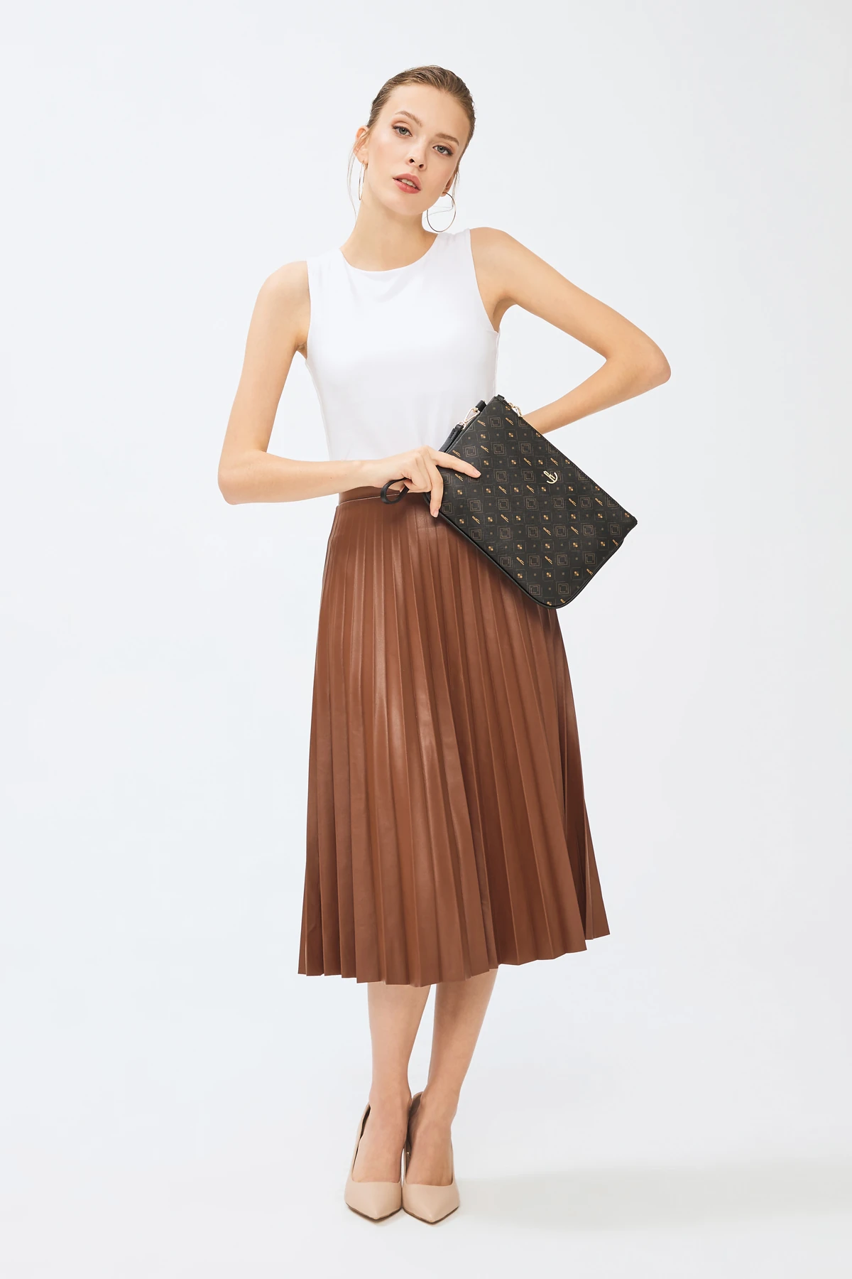 Kadın Basic Clutch Çanta Monogram Desenli Siyah Taba