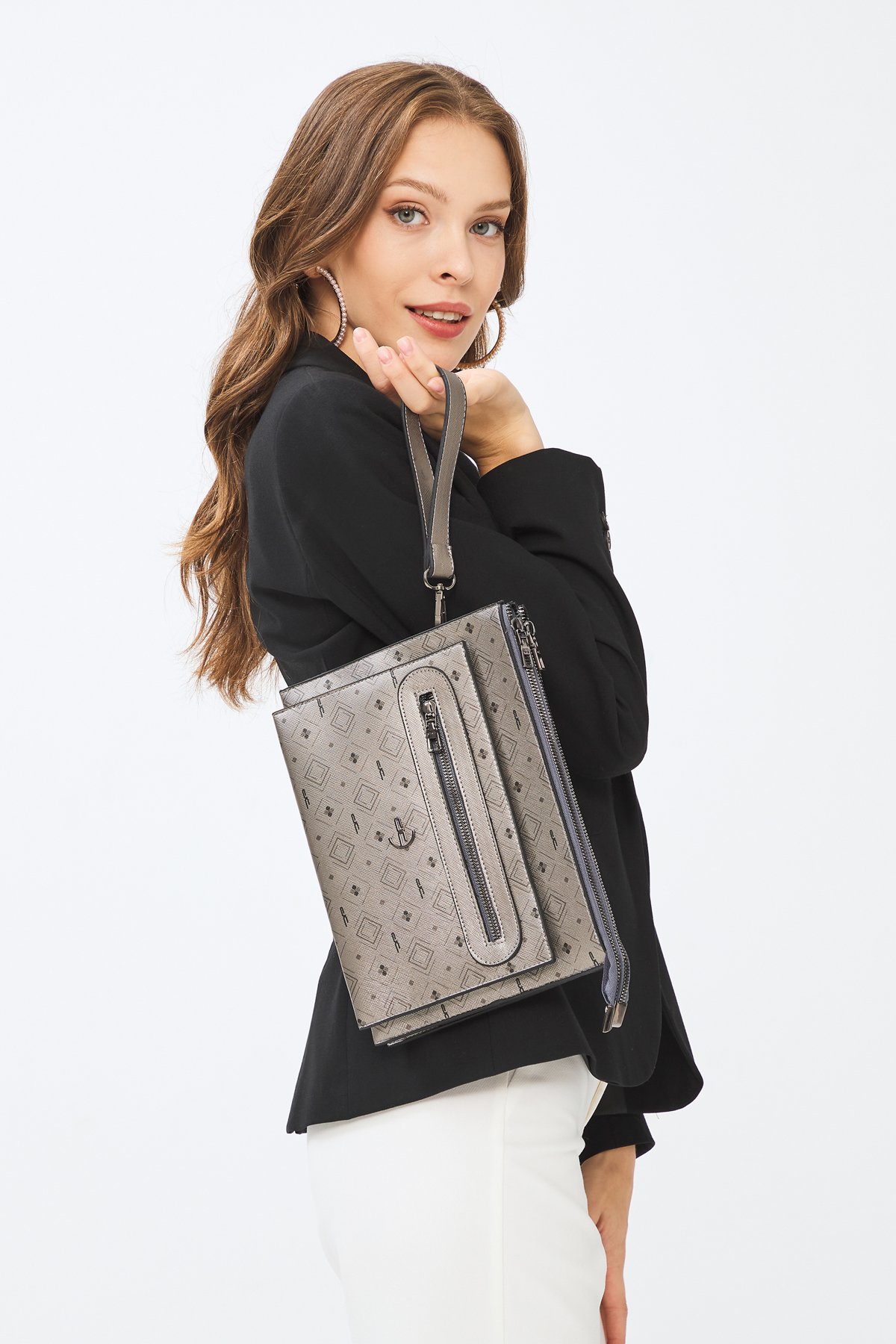 Kadın Basic Clutch Çanta Monogram Desen Gümüş Siyah