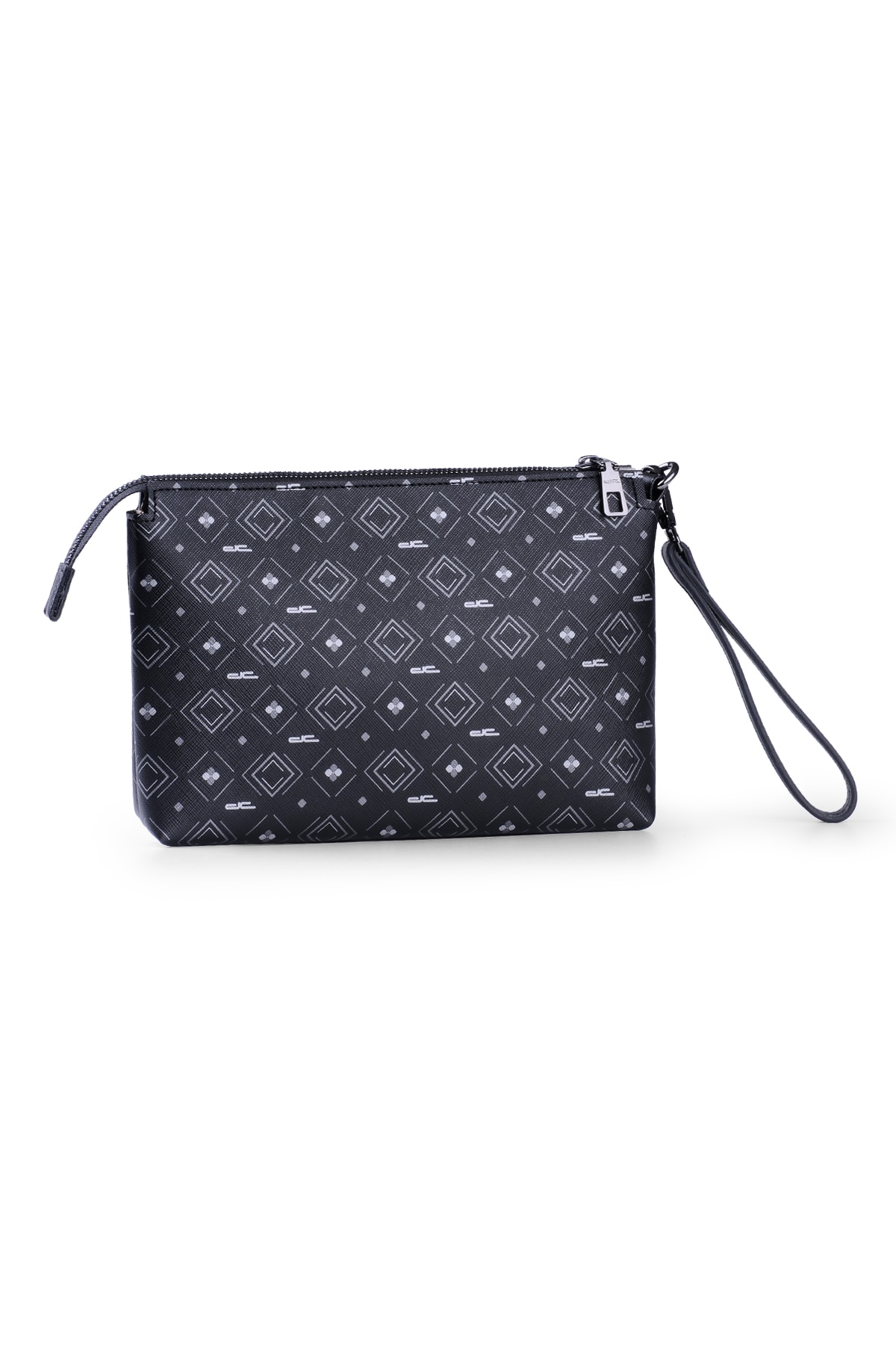 Kadın Basic Clutch Çanta Monogram Desenli Şeritli Siyah Gri