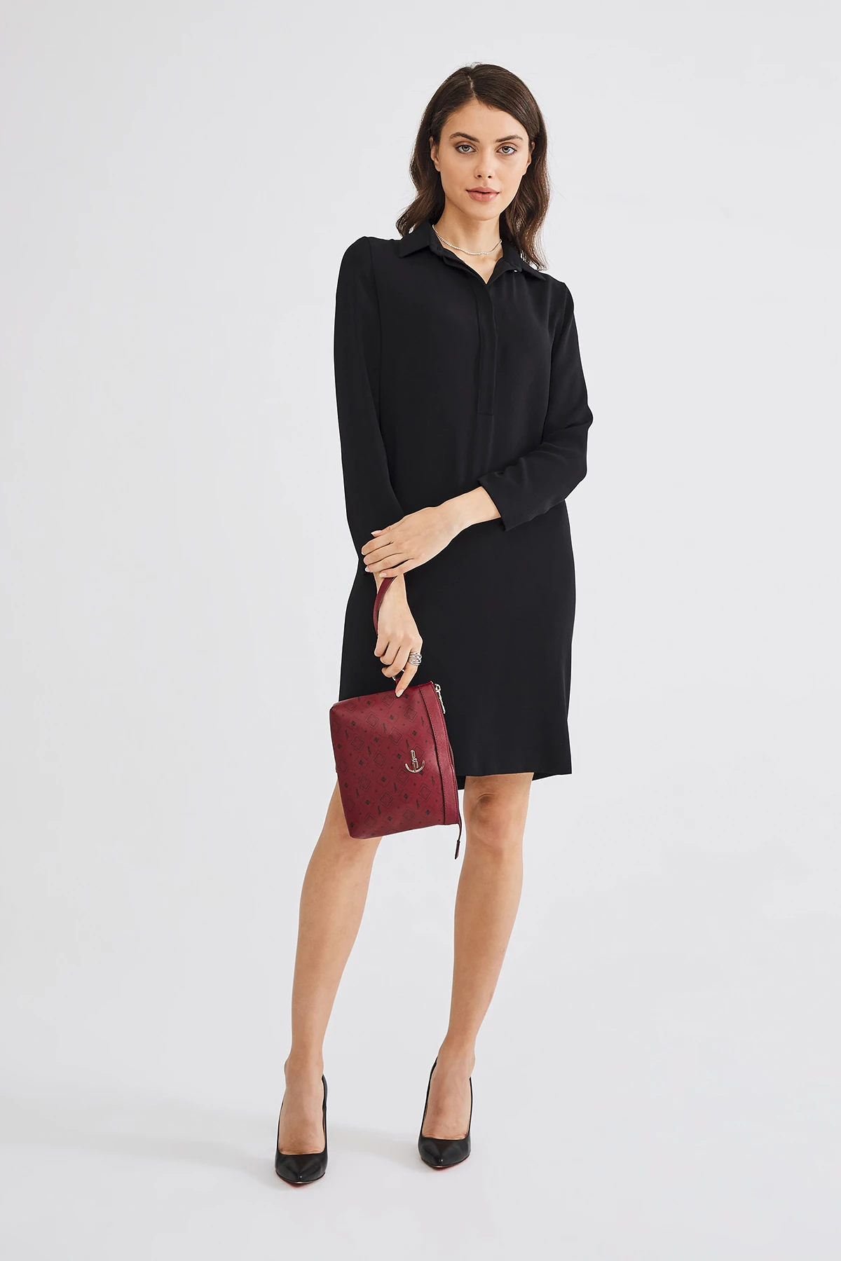 Women's Basic Clutch Bag Monogram Patterned Logo Burgundy Black