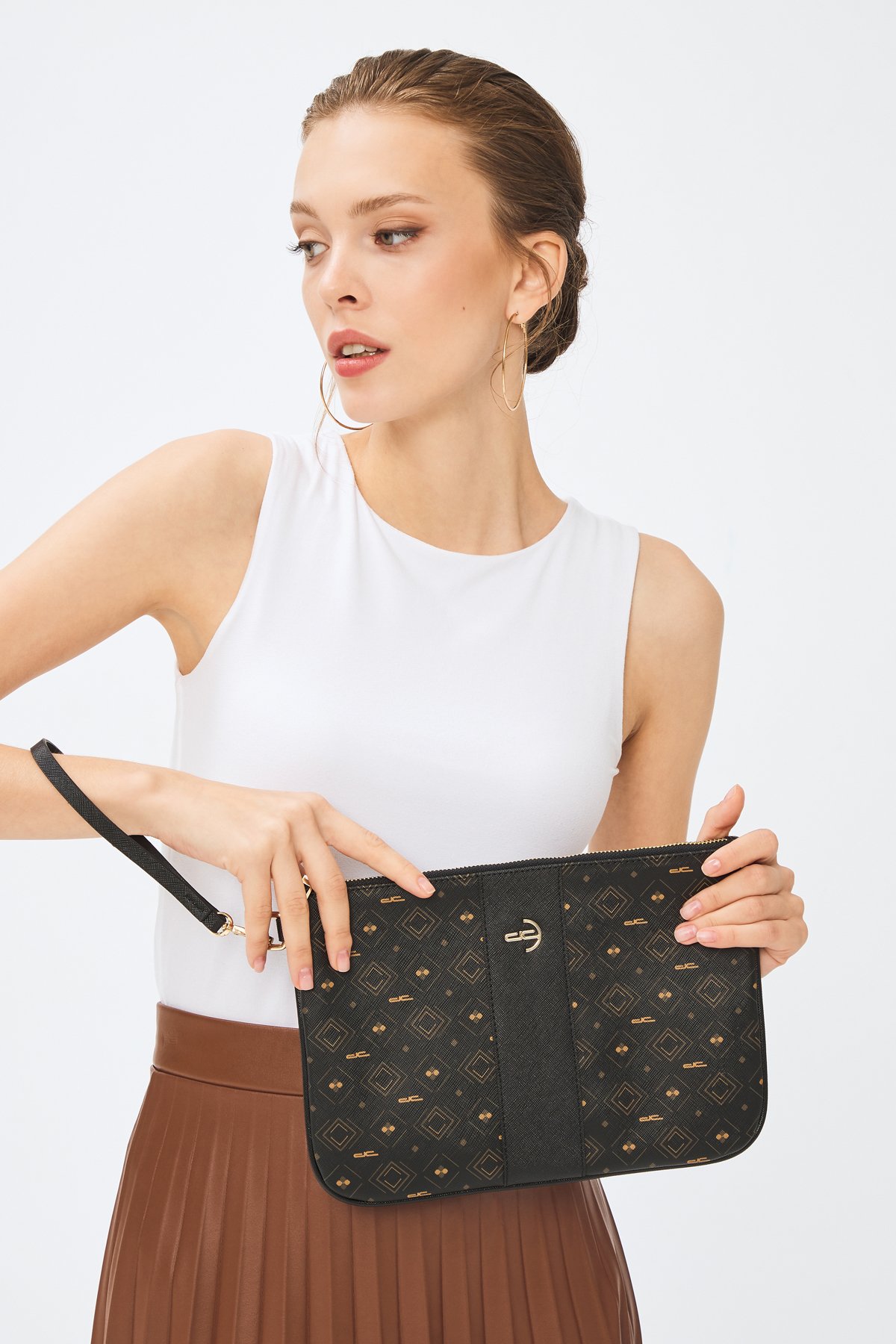 Kadın Basic Clutch Çanta Monogram Desenli Şeritli Logolu Siyah Taba