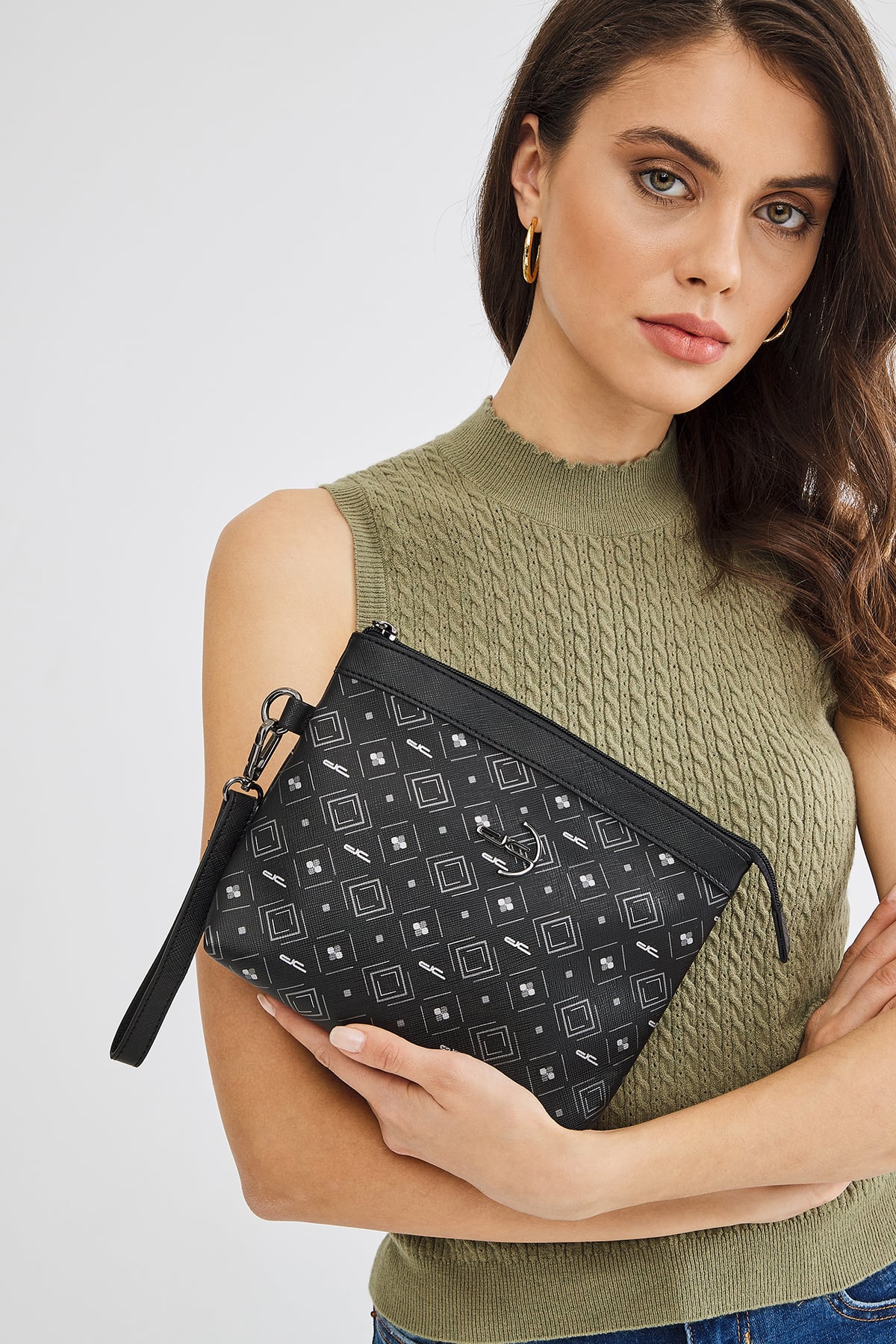 Women's Basic Clutch Bag Monogram Patterned Logo Black Grey