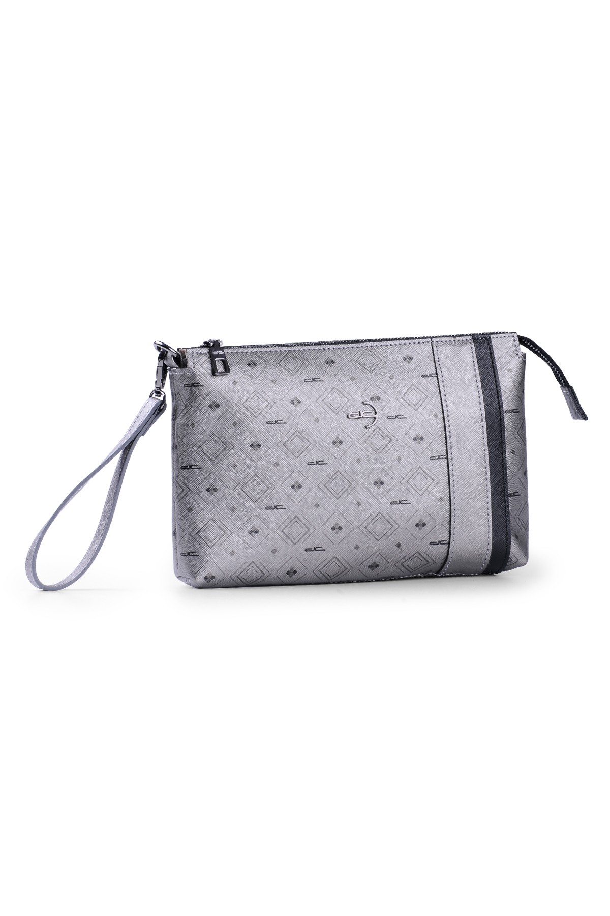 Kadın Basic Clutch Çanta Monogram Desenli Şeritli Gümüş Siyah