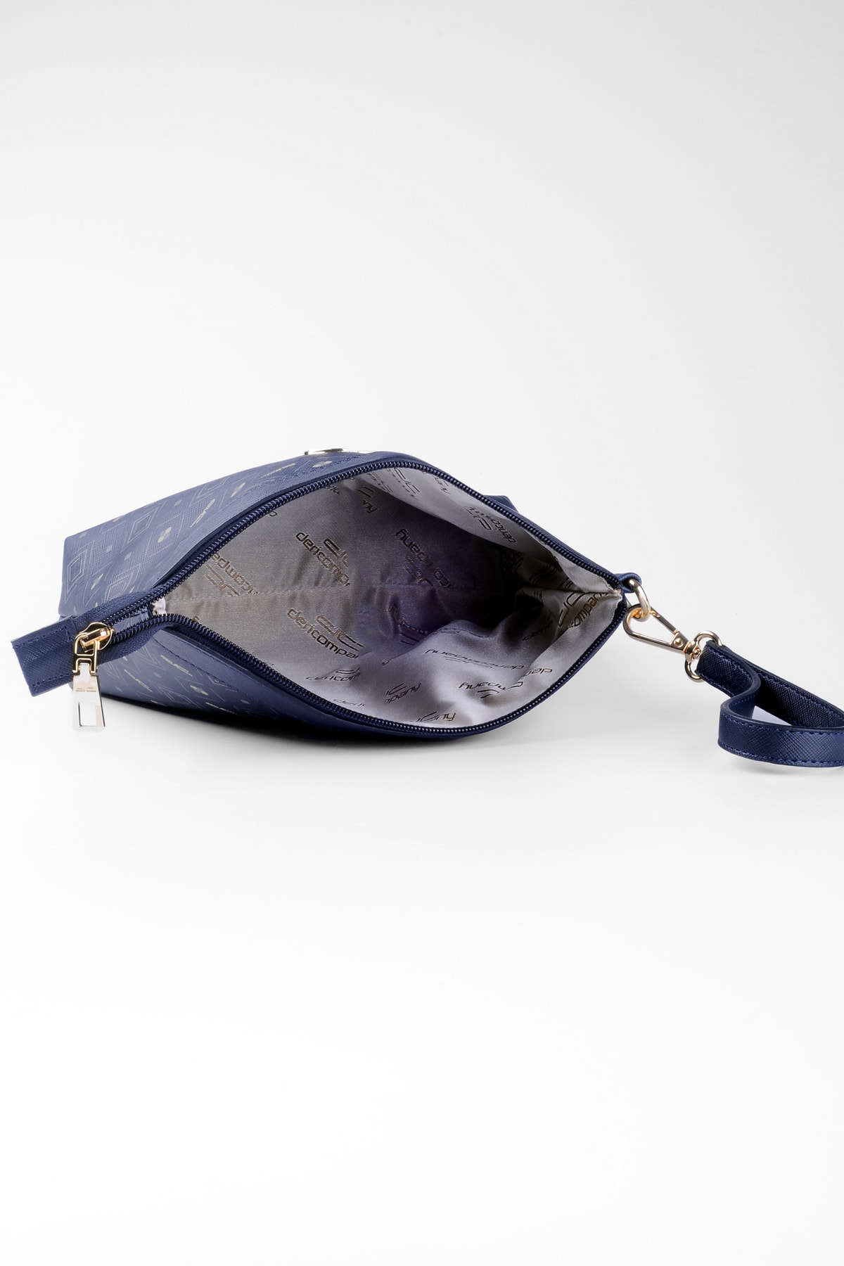 Kadın Basic Clutch Çanta Monogram Desenli Logolu Lacivert Beyaz