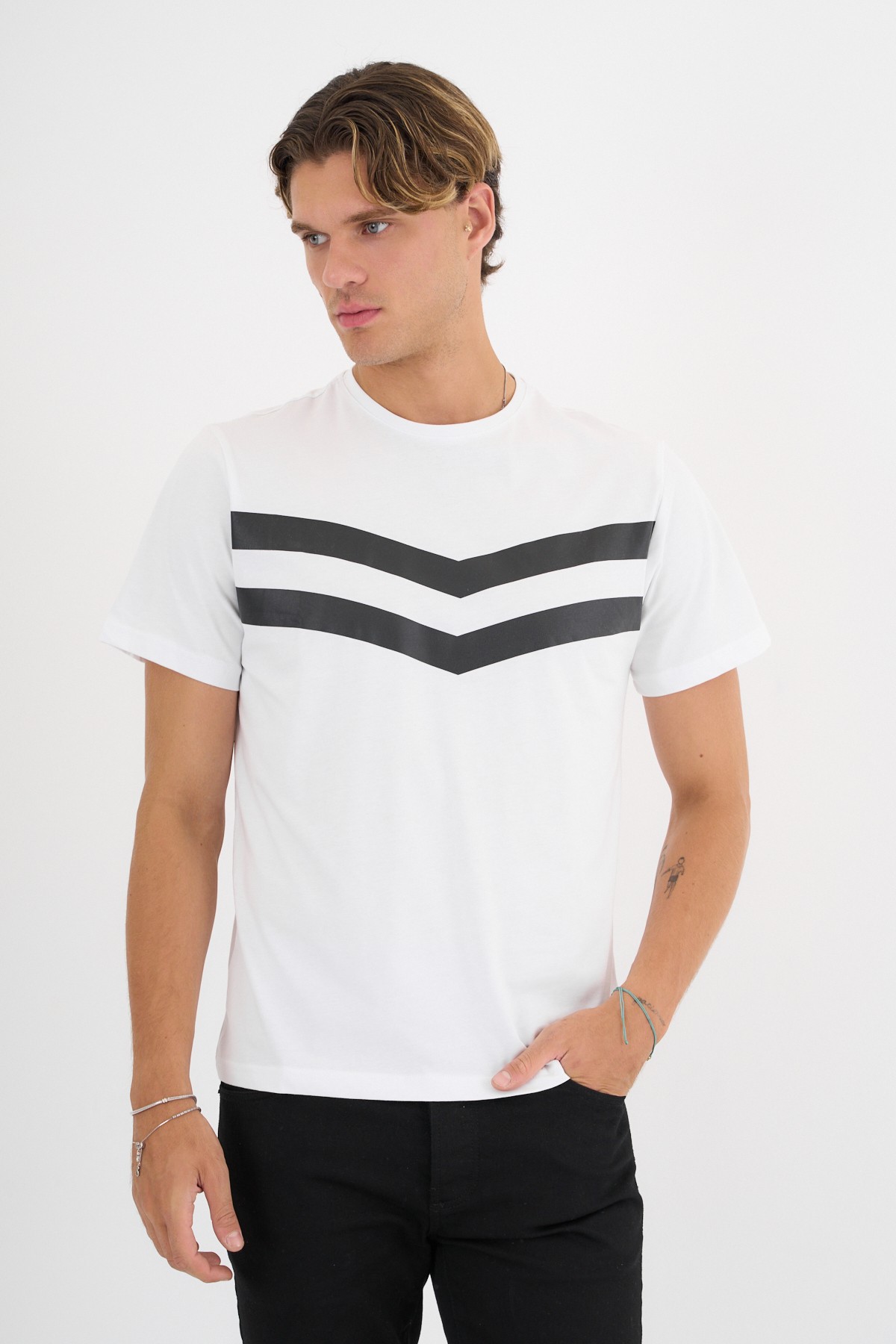 Erkek Beyaz Baskılı %100 Pamuklu Standart Kalıp T-Shirt