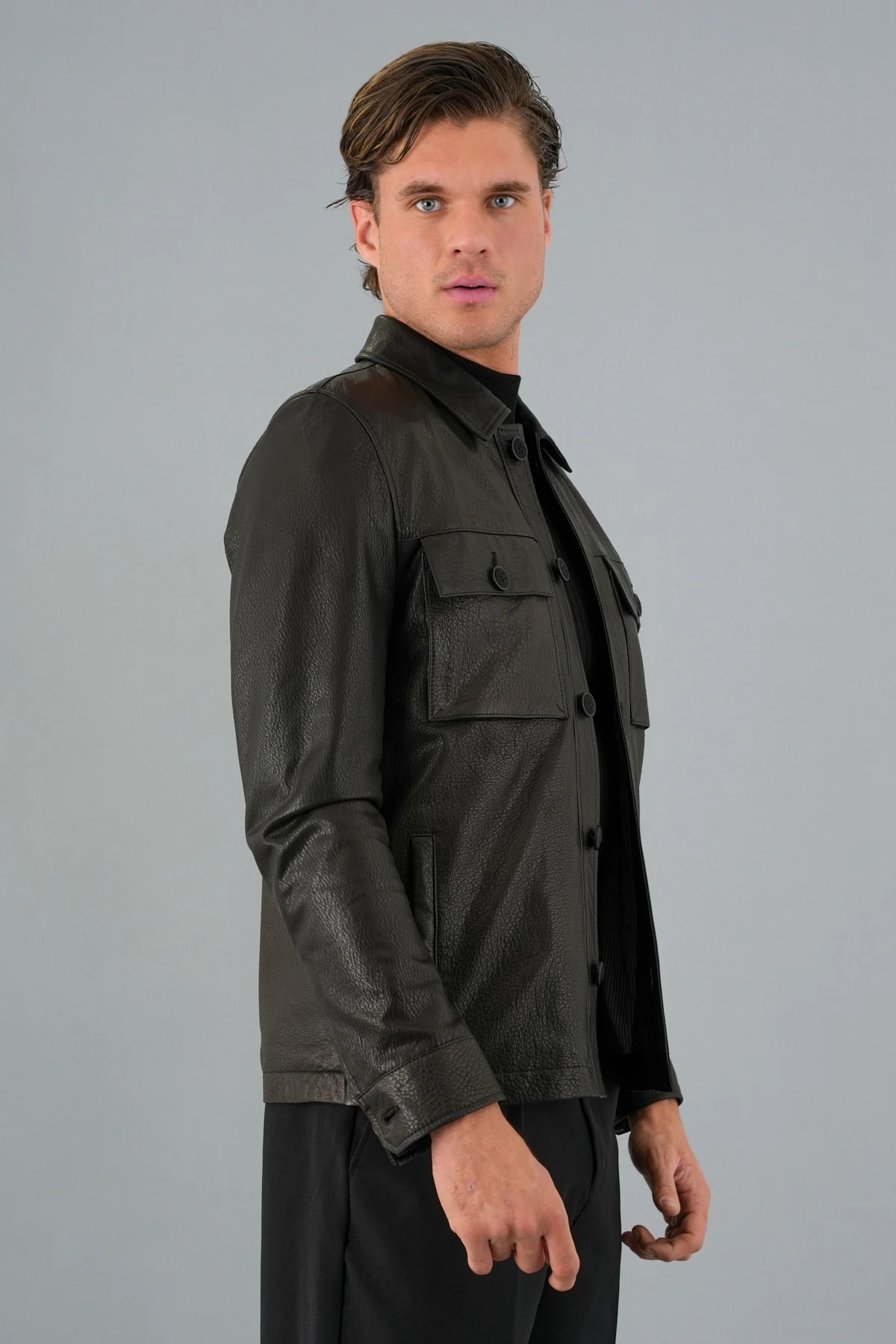 Carlos Siyah Erkek Deri Gömlek