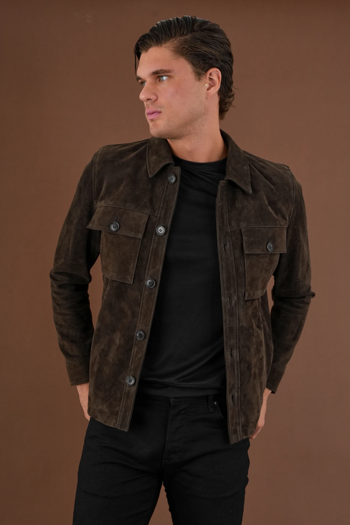 Carlos Kahverengi Erkek Süet Deri Gömlek