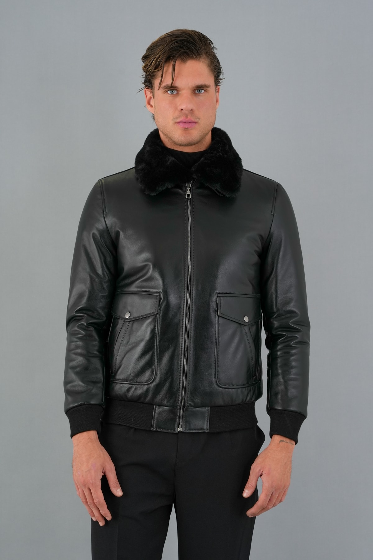 Albert Siyah Erkek Deri Mont