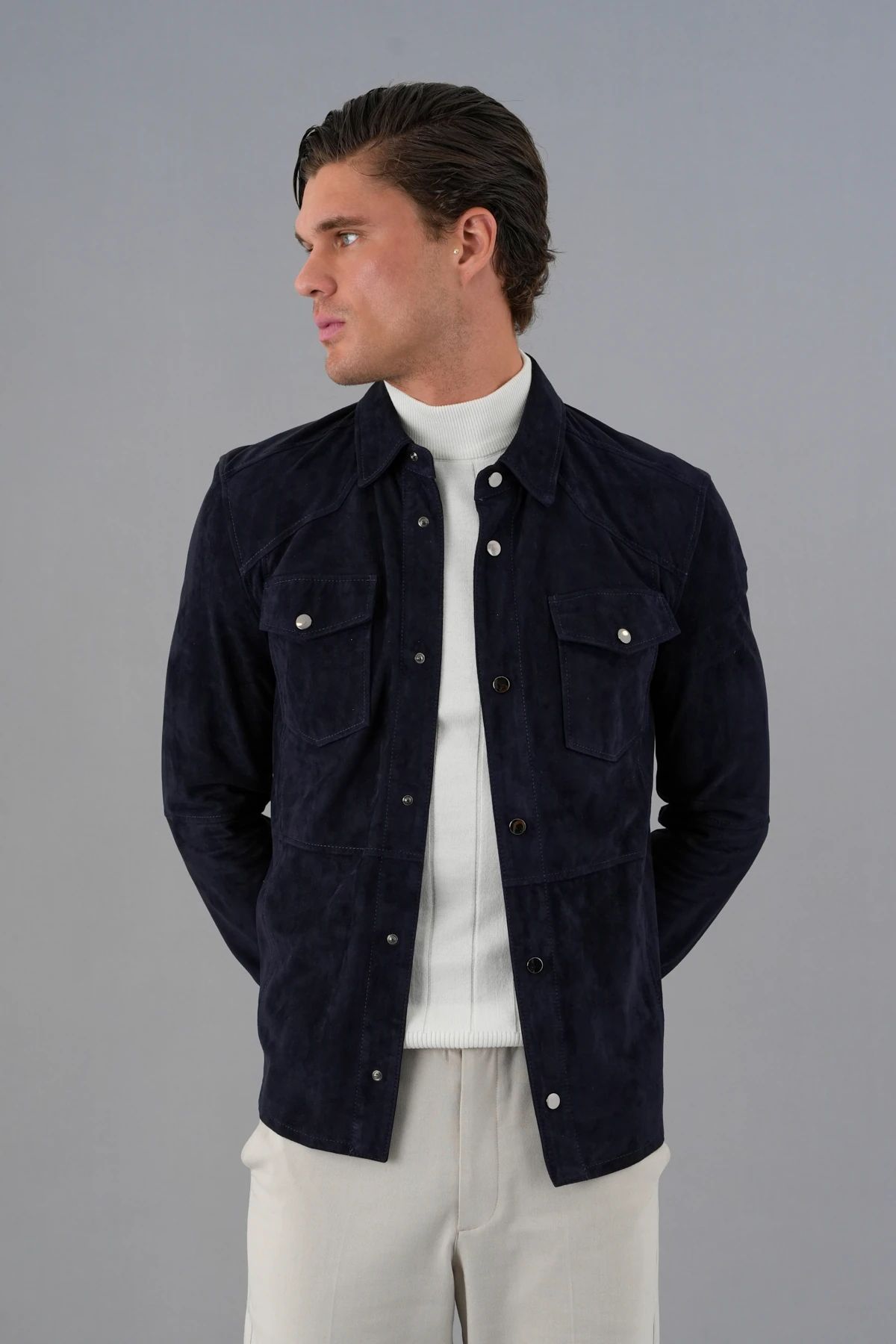 Elvis Lacivert Erkek Süet  Deri Gömlek