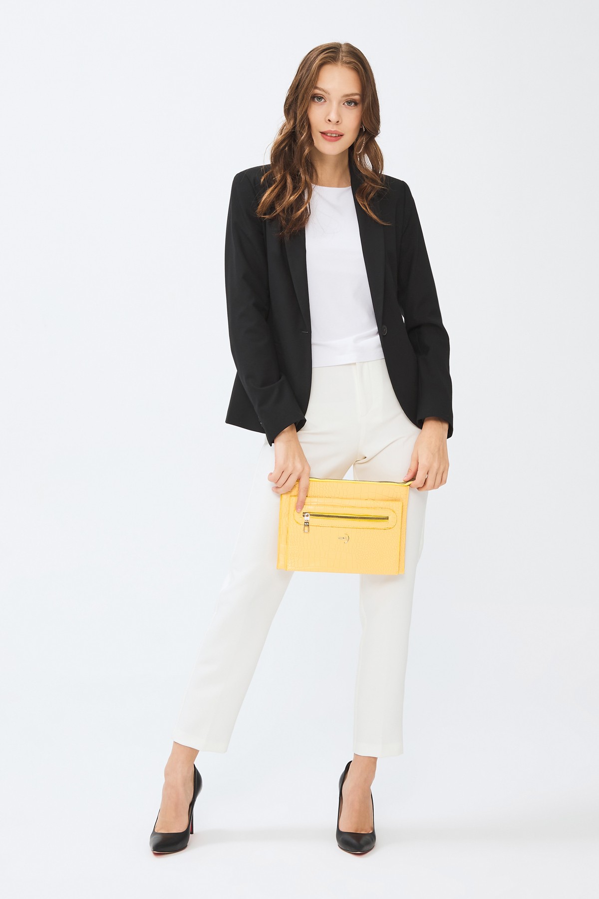 Kadın Basic Clutch Çanta Kroko Timsah Desen Sarı