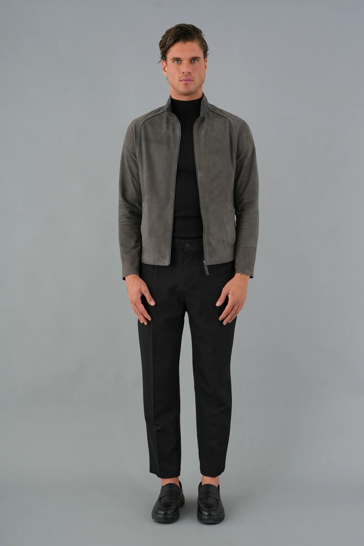 Denzel Gri Erkek Deri Mont