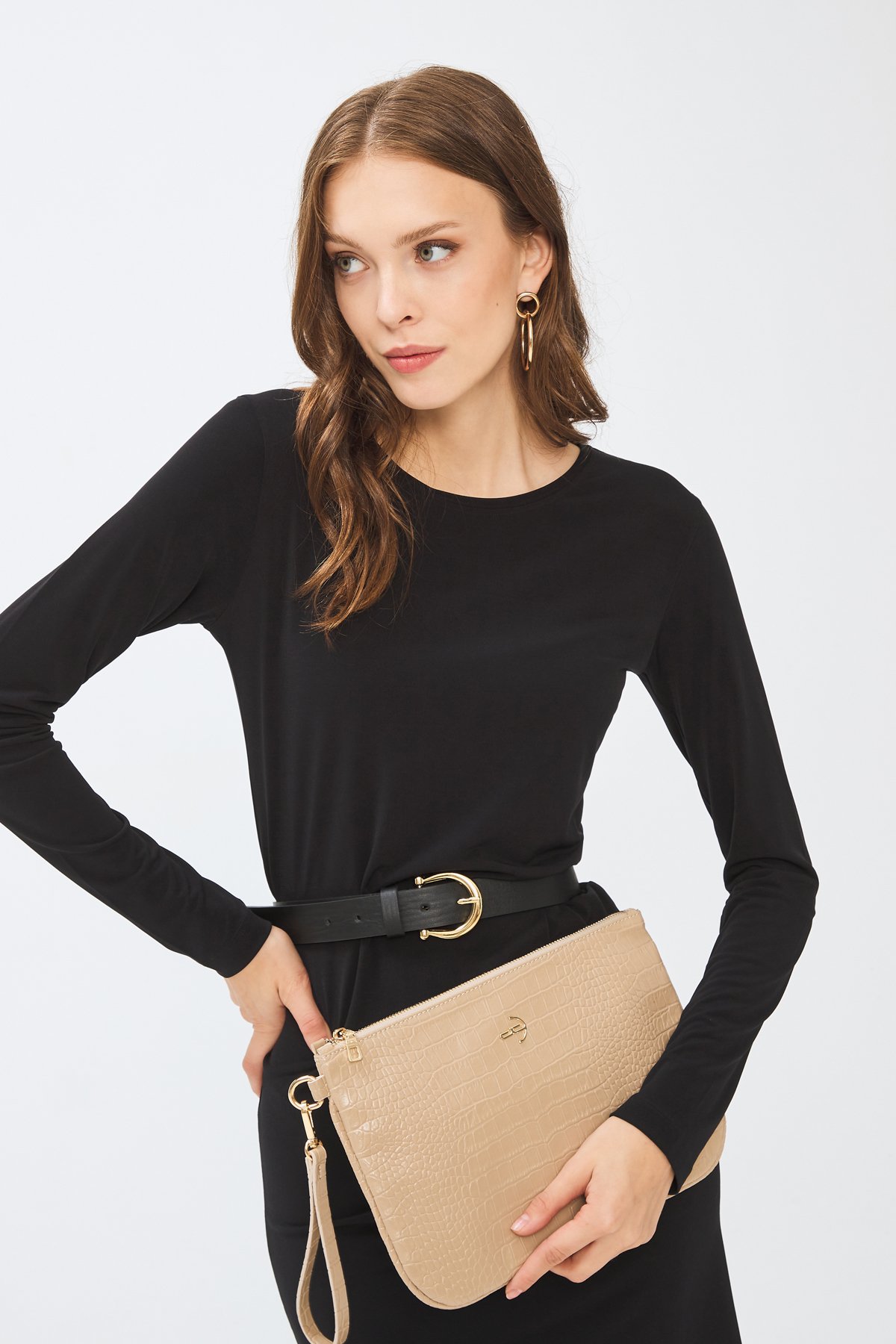 Kadın Basic Clutch Çanta Kroko Timsah Desen Vizon