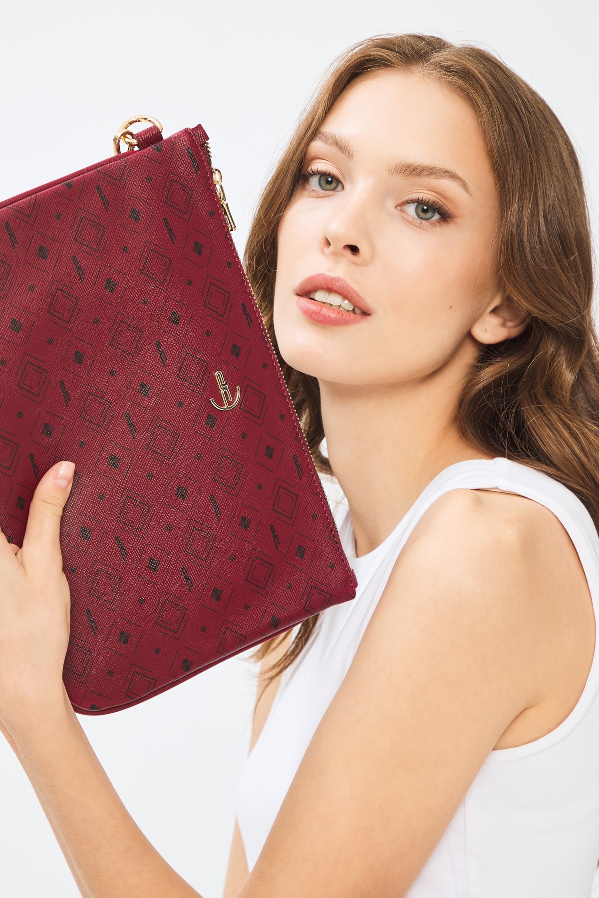 Kadın Basic Clutch Çanta Monogram Desenli Bordo