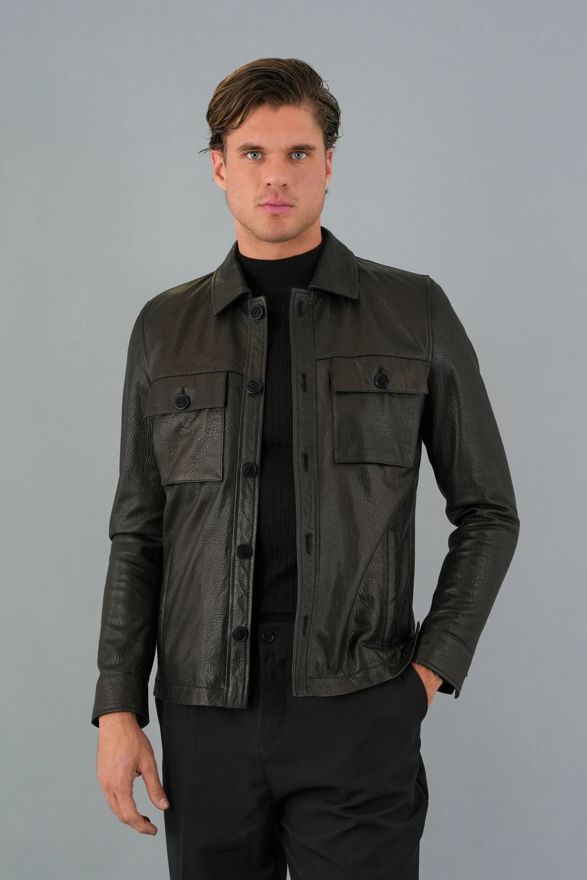 Carlos Siyah Erkek Deri Gömlek