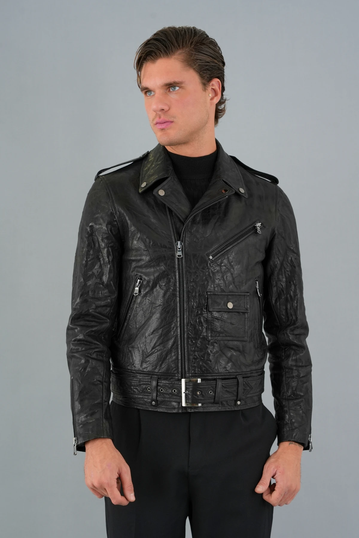 Adrien Siyah Erkek Deri Mont