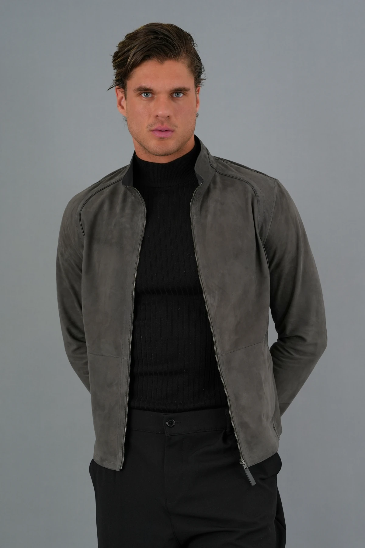Denzel Gri Erkek Deri Mont