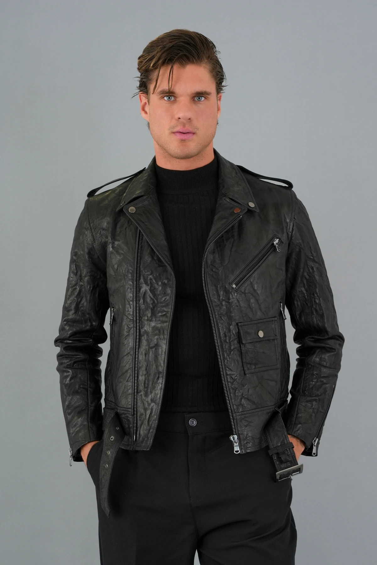 Adrien Siyah Erkek Deri Mont