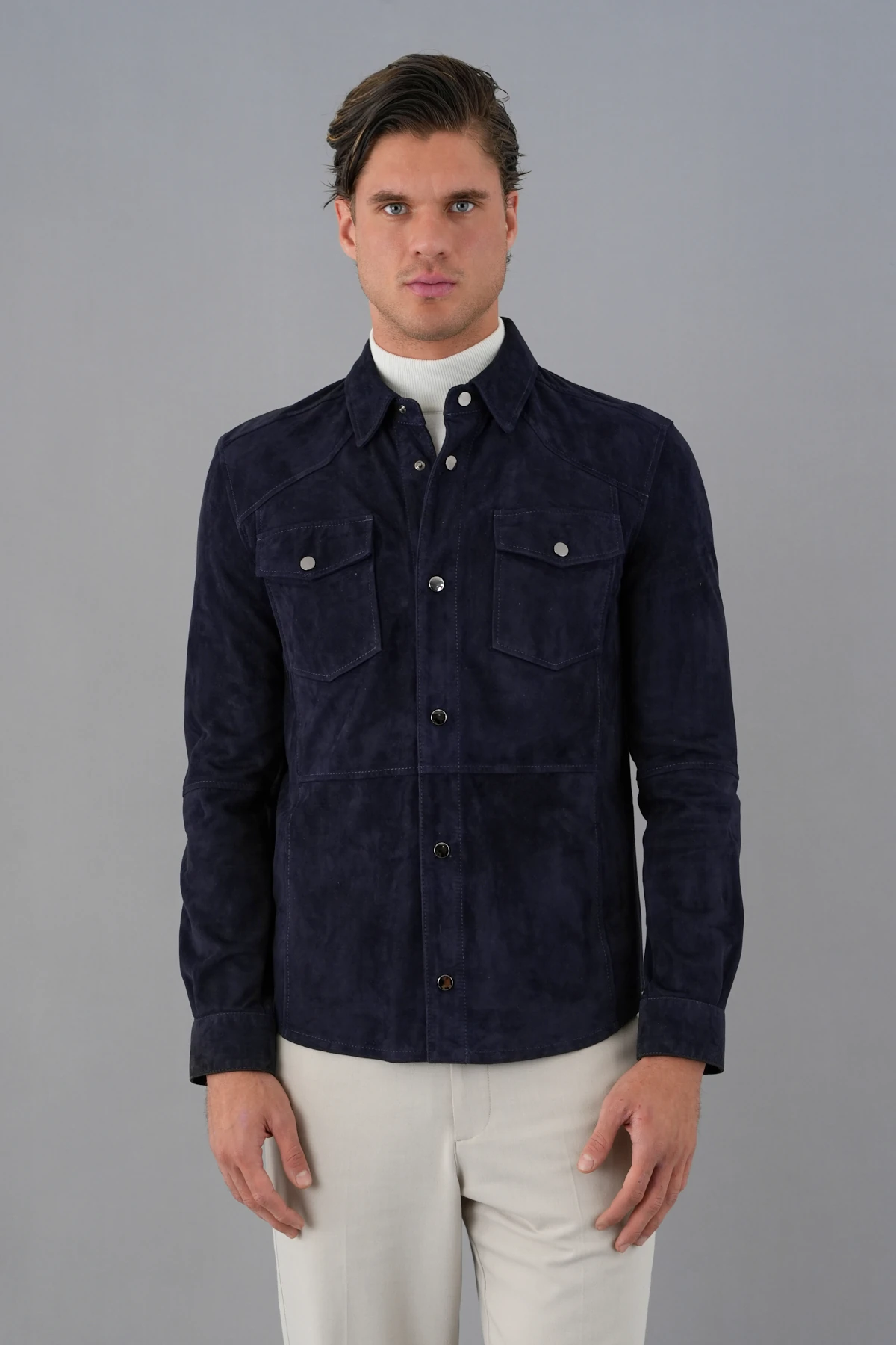 Elvis Lacivert Erkek Süet  Deri Gömlek